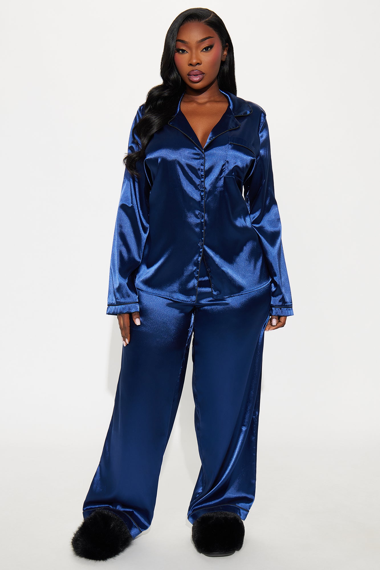 Bedtime Stretch Satin Long Sleeve PJ Pant Set - Navy