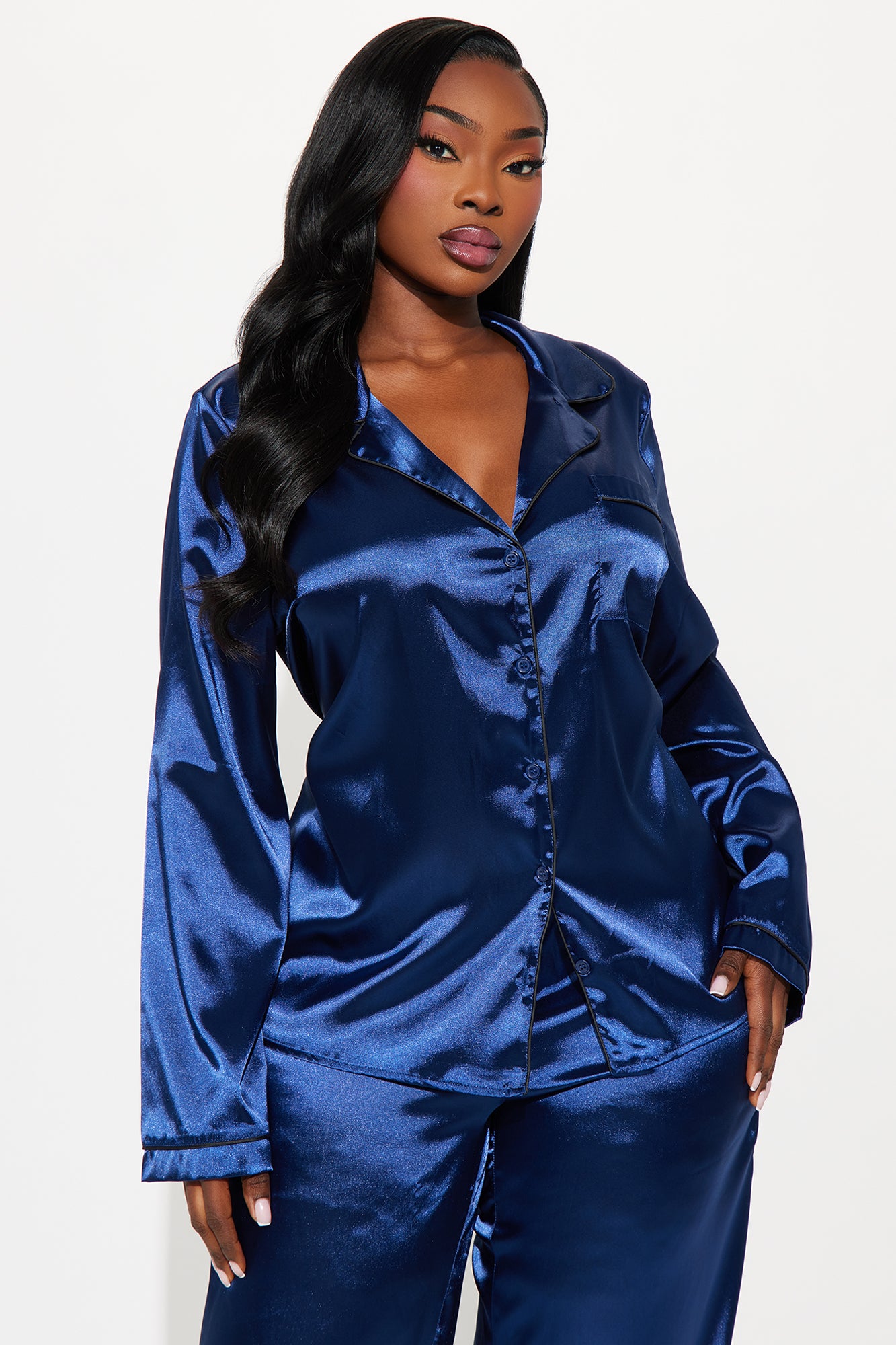 Bedtime Stretch Satin Long Sleeve PJ Pant Set - Navy