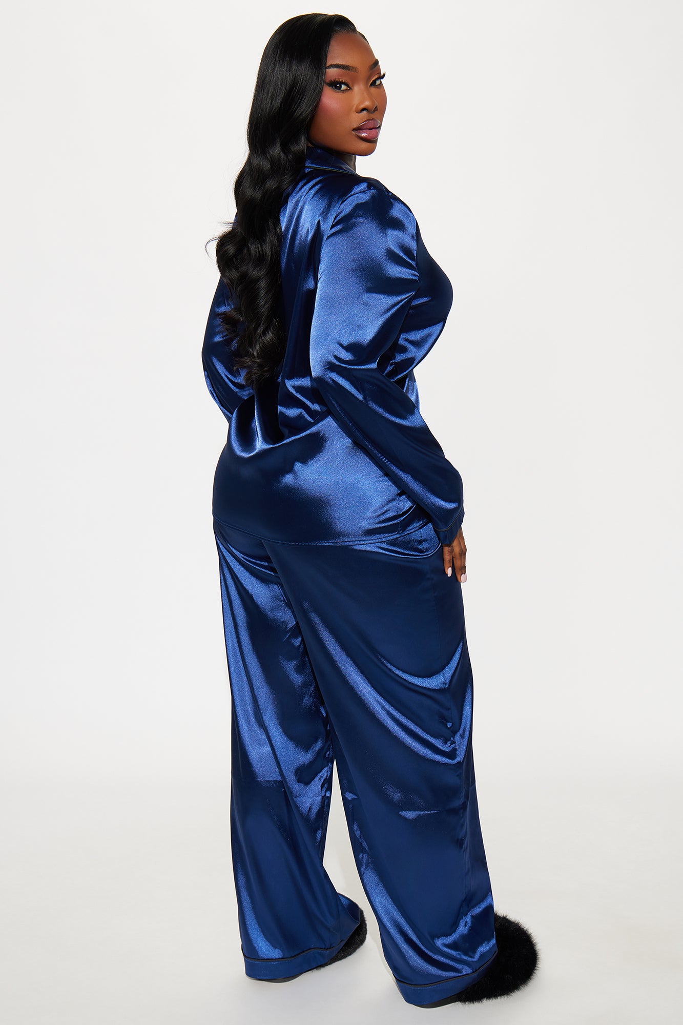 Bedtime Stretch Satin Long Sleeve PJ Pant Set - Navy