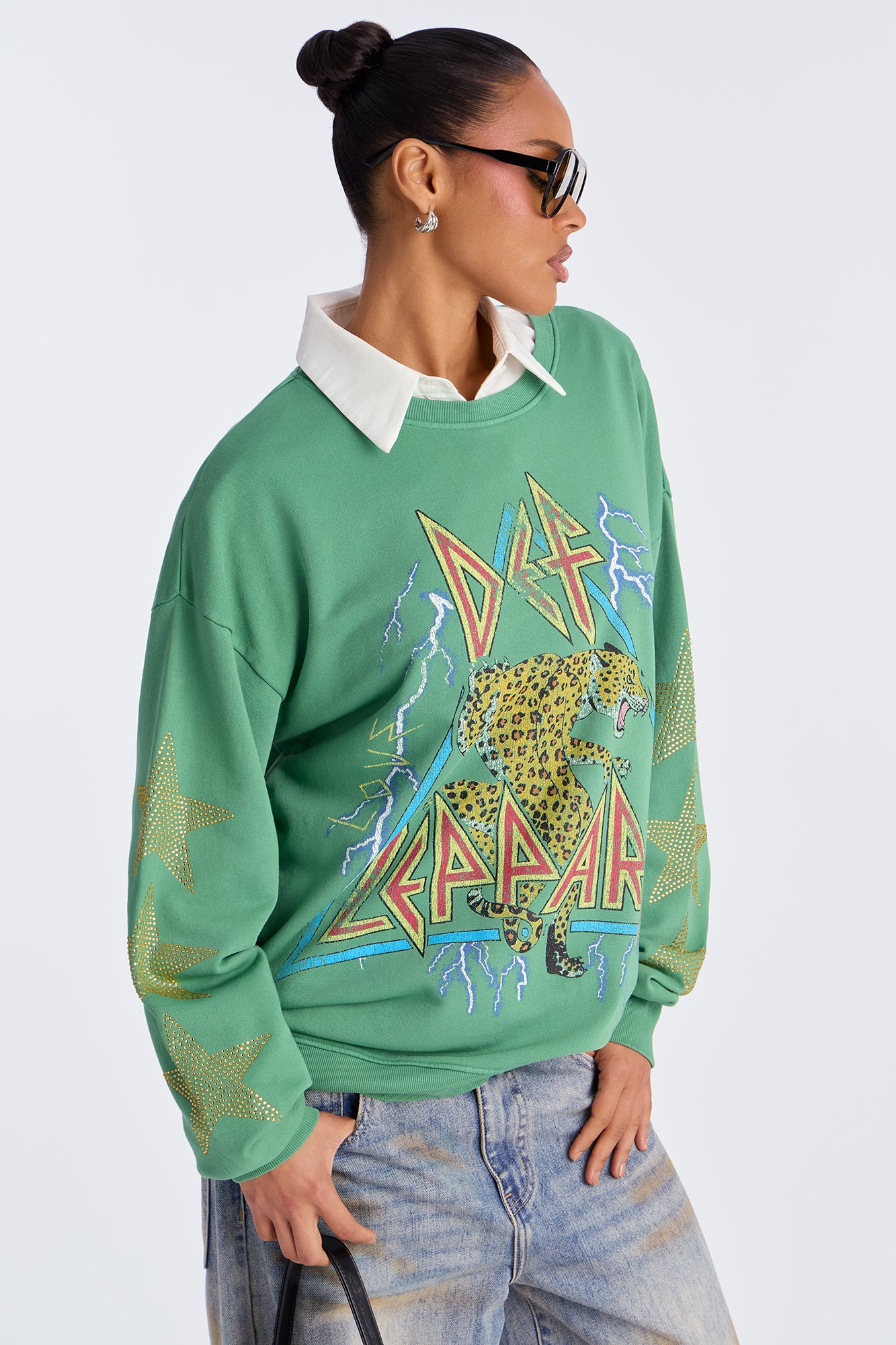 Def Leppard Washed Rhinestone Sweatshirt - Green