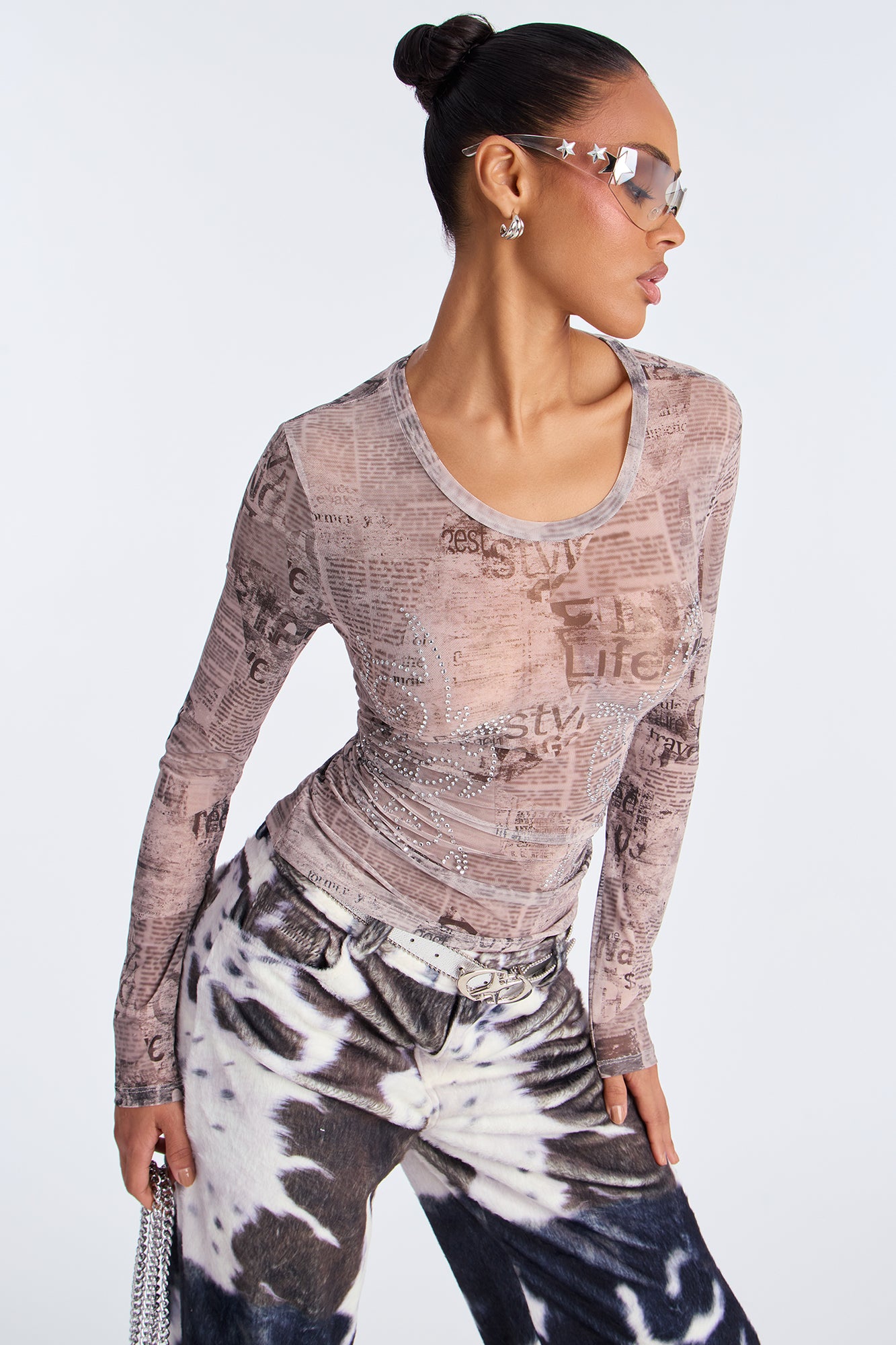 Front Page Mesh Rhinestone Top - Grey/combo