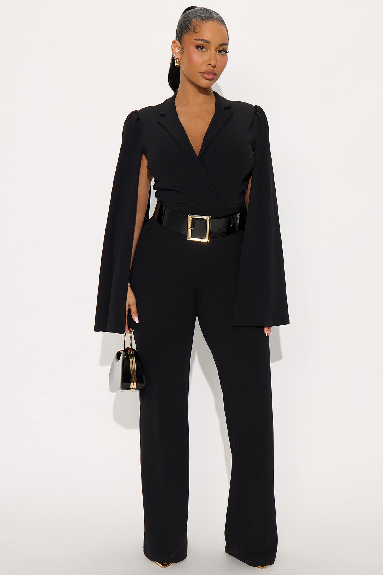 Ceo Vibes Cape Sleeve Belted Jumpsuit - Black