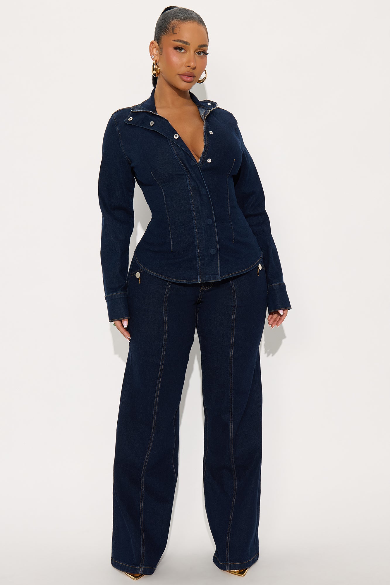 Brooke Puff Sleeve Jacket Denim Pant Set - Dark Wash