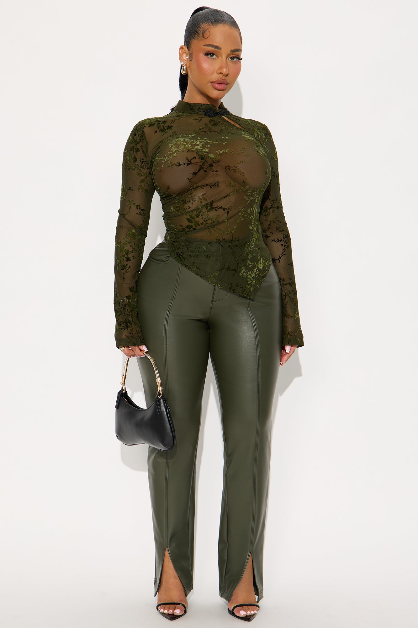 Neriah Long Sleeve Flocked Asymmetrical Top - Olive