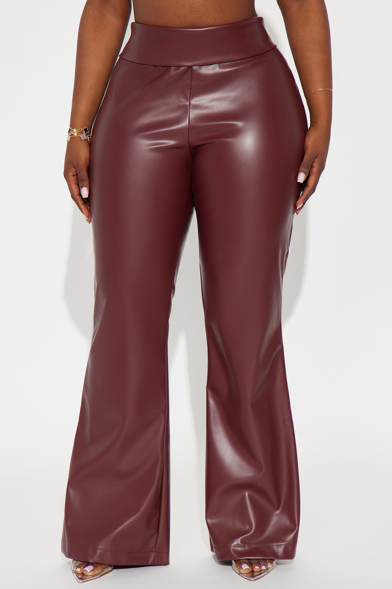 Roxi Foldover Faux Leather Wide Leg Pants - Burgundy