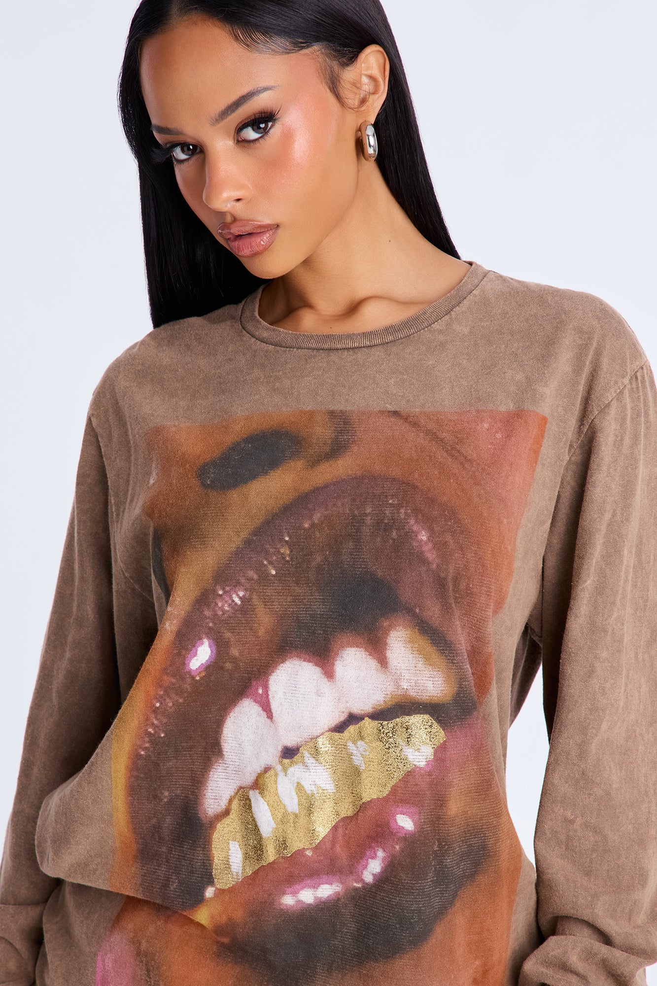 Grillz Long Sleeve Washed Tee - Brown