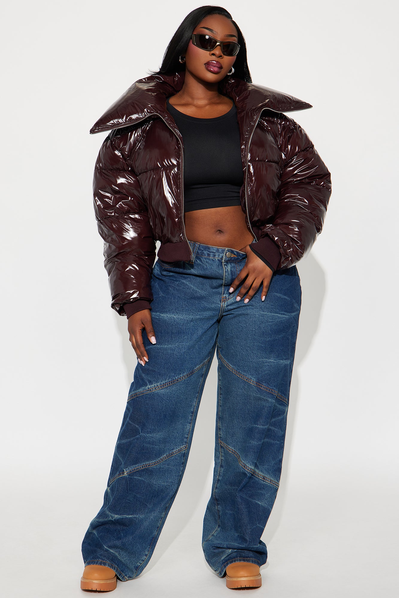 Billie Faux Patent Leather Cropped Puffer Jacket - Chocolate