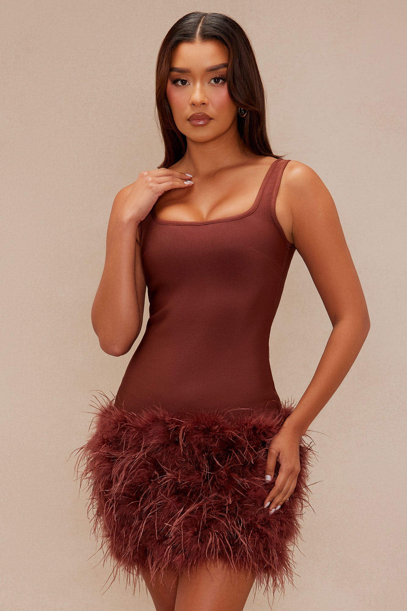 Remember Me Fur Trim Bandage Mini Dress - Brown