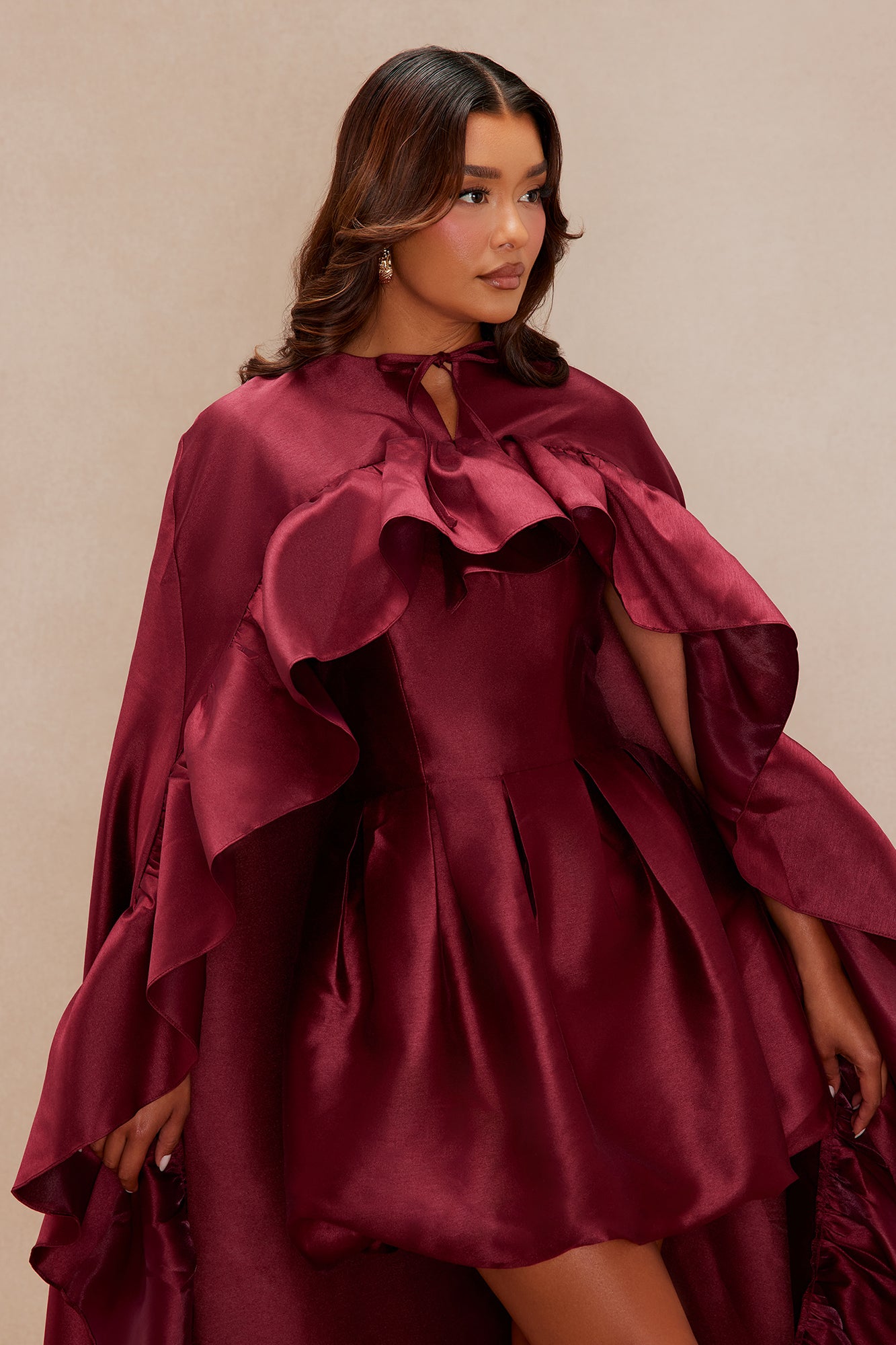 Chic Drama 2 Piece Cape Mini Dress Set - Burgundy
