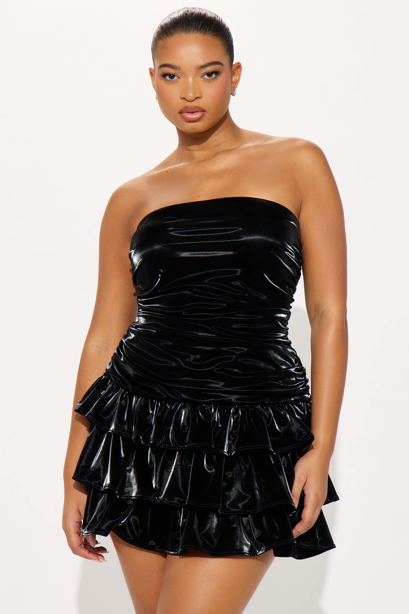 Perla Ruffle Faux Patent Leather Mini Dress - Black