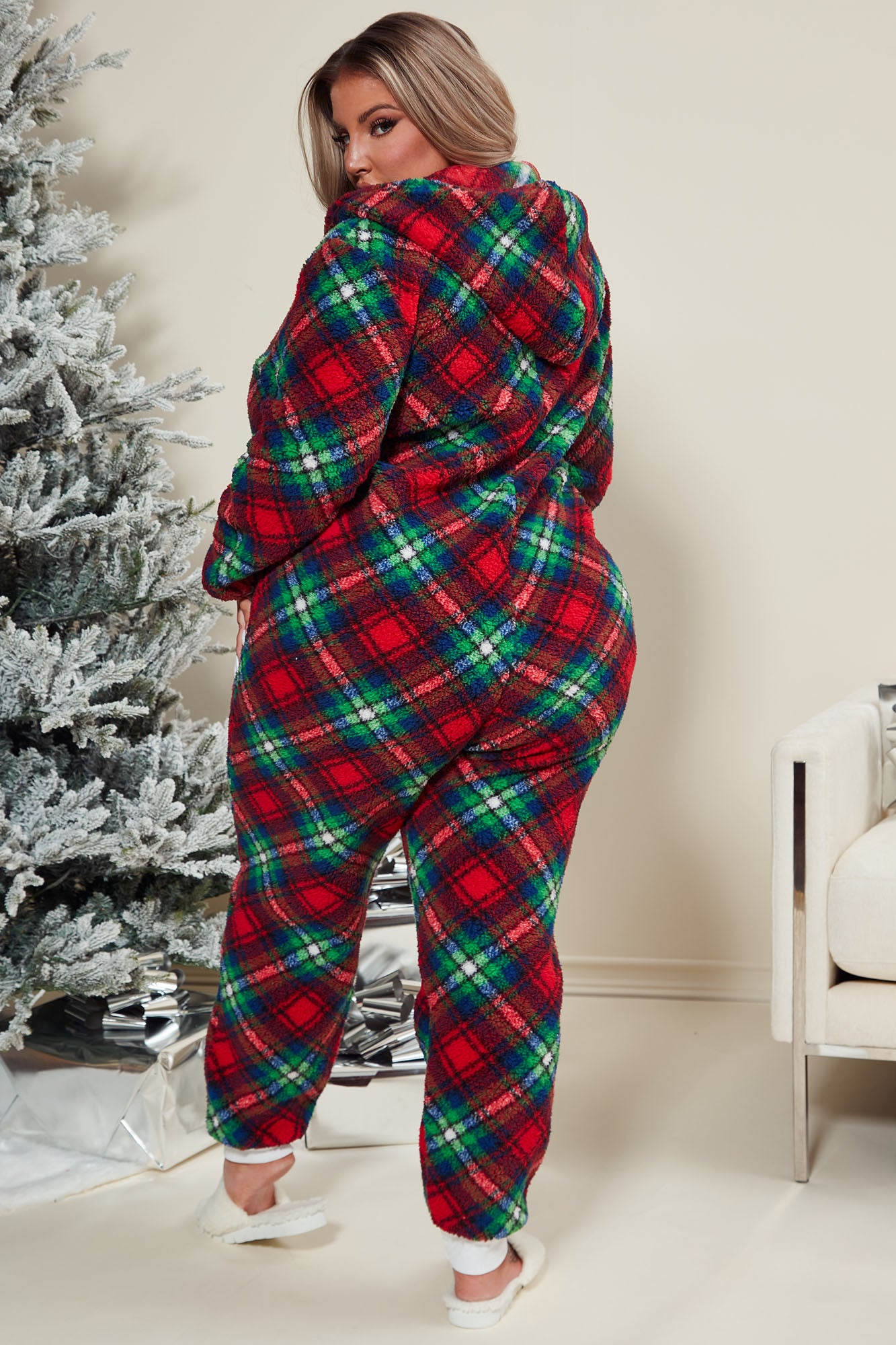 Cuddle By The Fireplace PJ Plush Jumpsuit Onesie - Red/combo