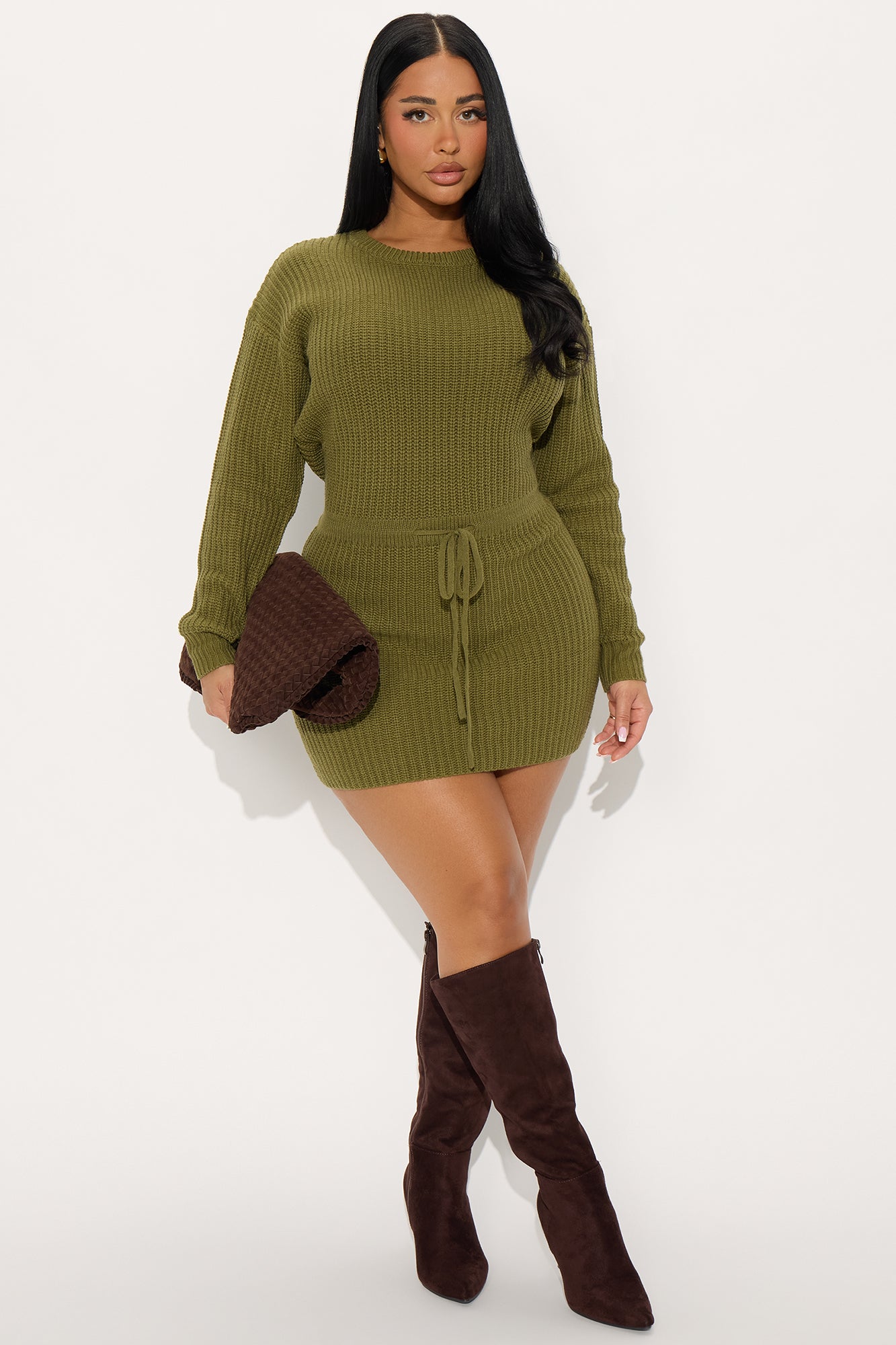 Compromised Open Back Sweater Mini Dress - Olive