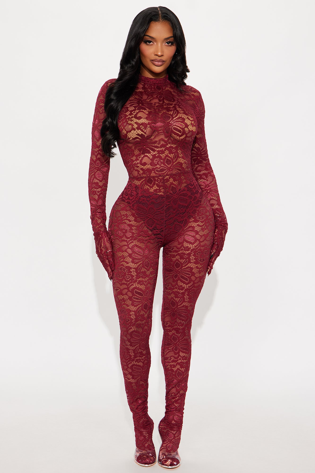 Seraphine Lace Glove Jumpsuit - Burgundy