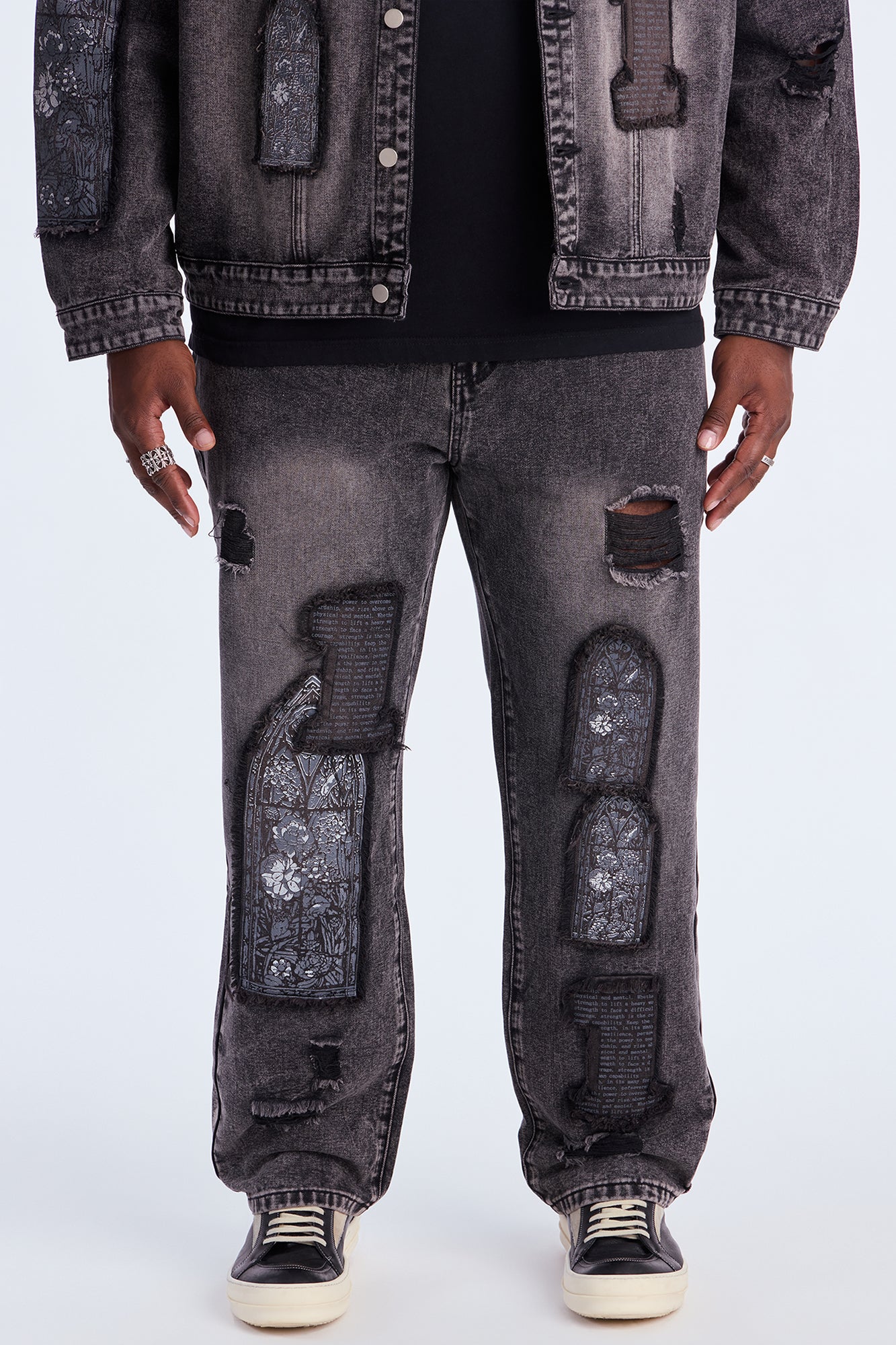 Straight In Due Time Distressed Patch Jean - Black Wash