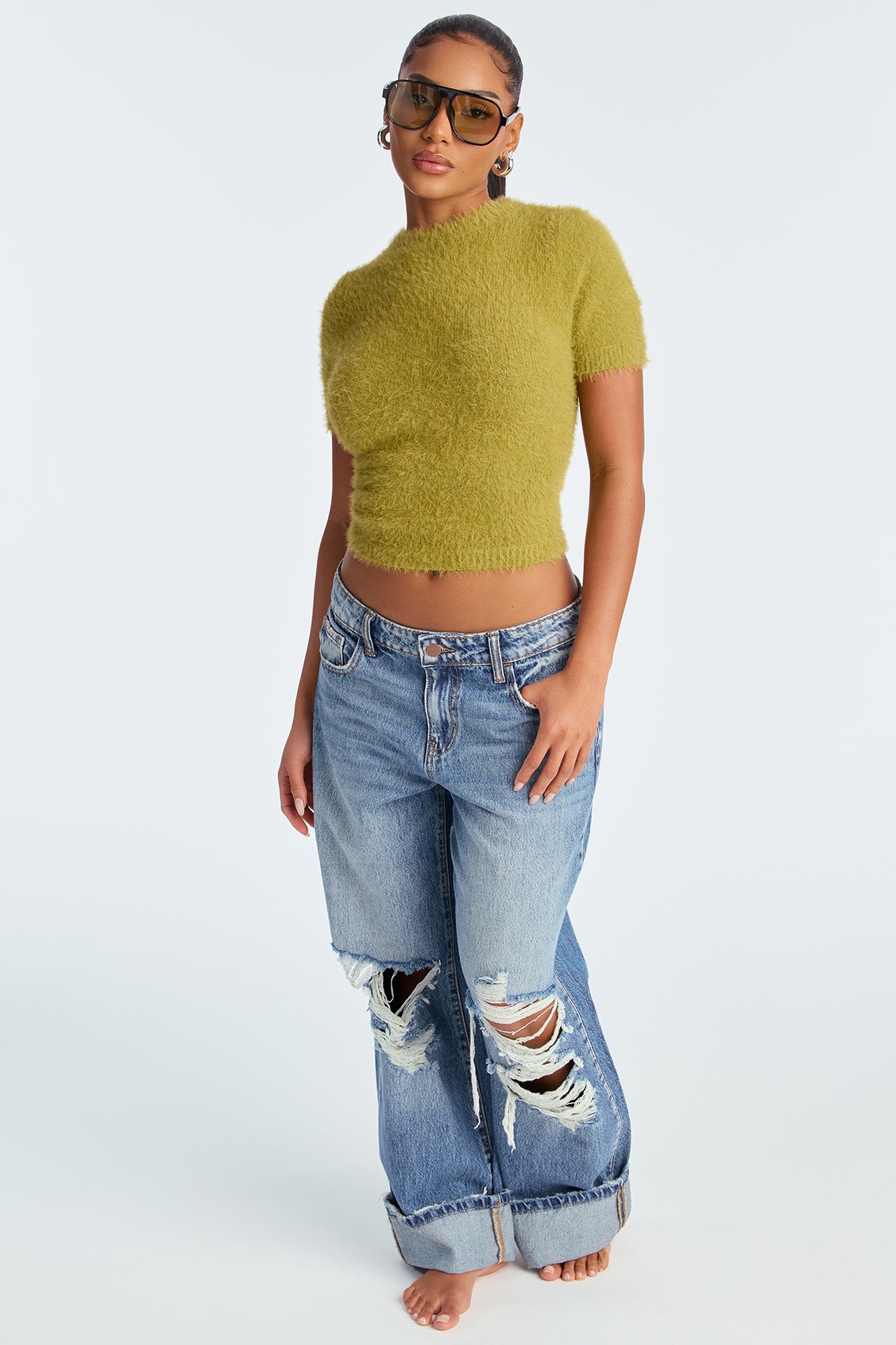 On Time Ripped Cuffed Wide Leg Jeans - Medium Wash