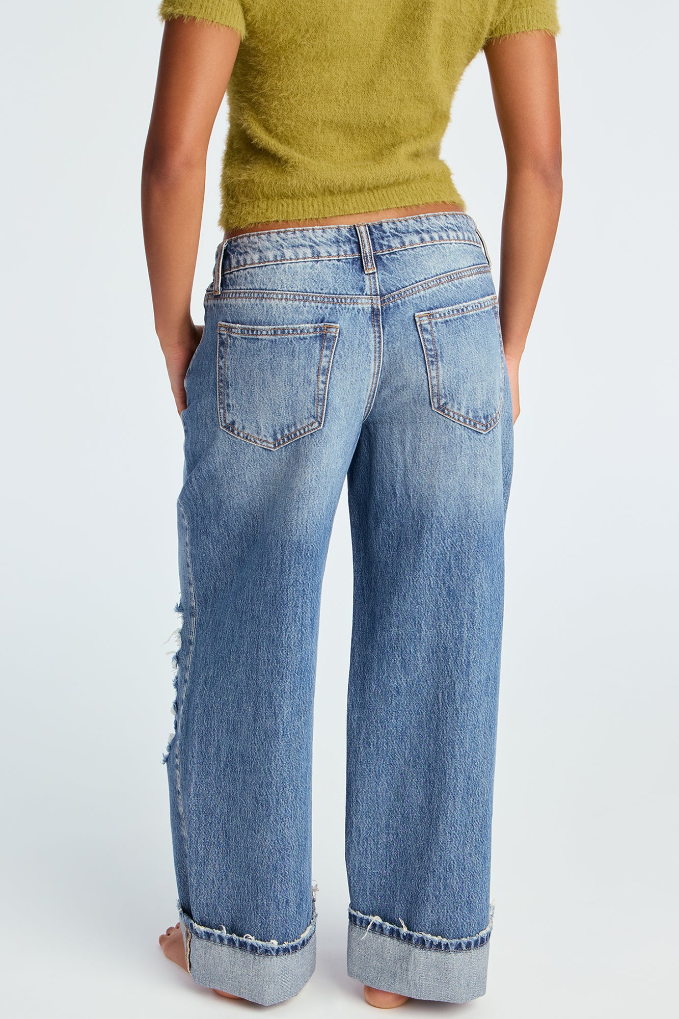 On Time Ripped Cuffed Wide Leg Jeans - Medium Wash
