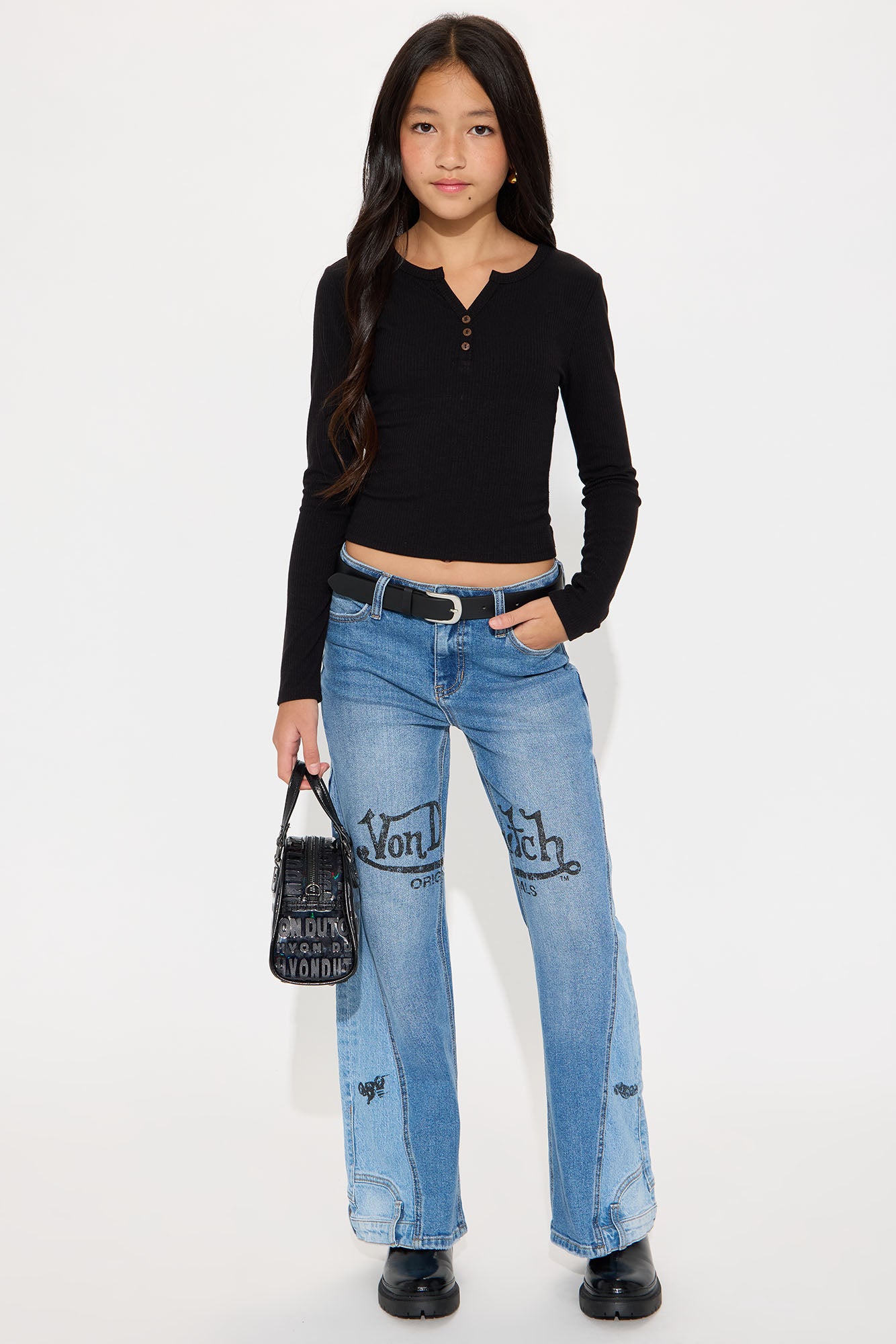 Mini Von Dutch Two Tone Reconstructed Wide Leg Jeans - Medium Wash