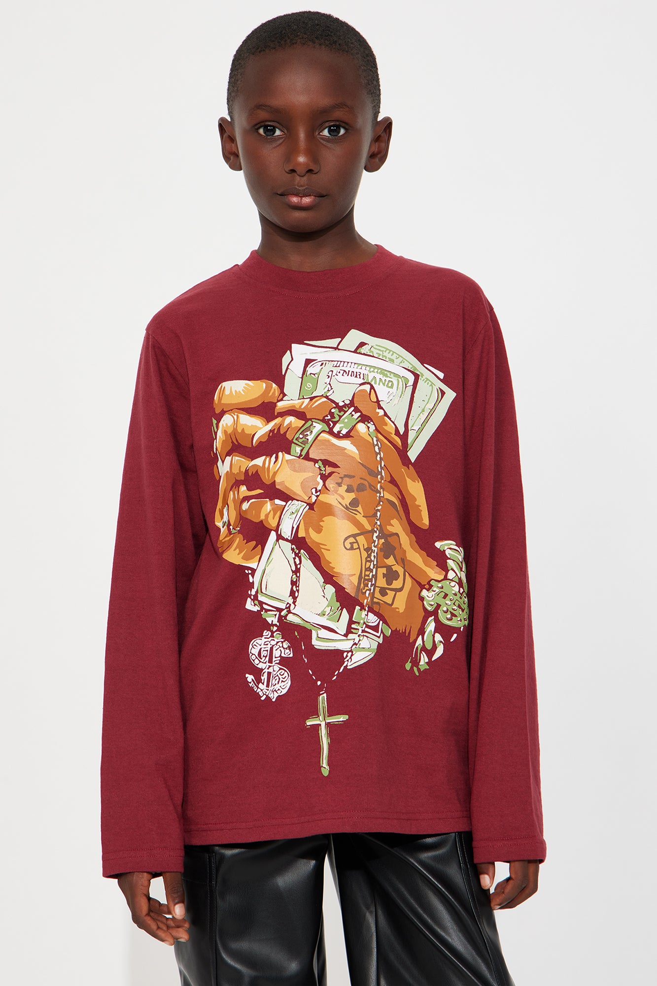 Mini Money And Chains Long Sleeve Tee - Burgundy