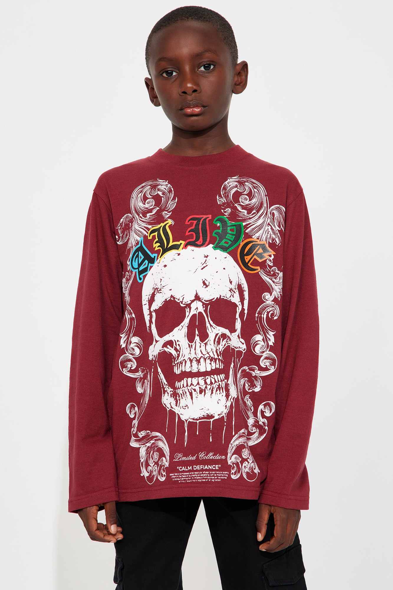 Mini Skull Front & Back Screen Long Sleeve Tee - Burgundy