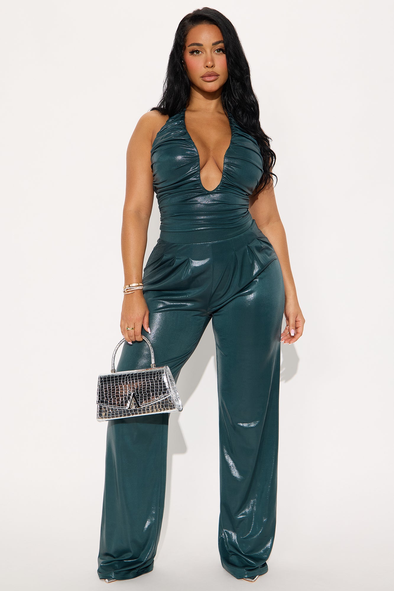 Tempt Me Glitter Halter Top Pant Set - Hunter