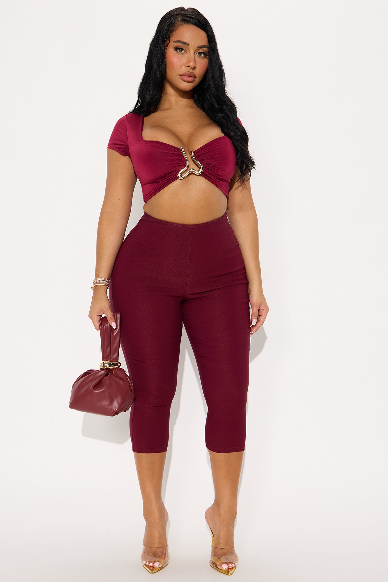 Hot Stuff Ruched Short Sleeve Bra Top - Burgundy