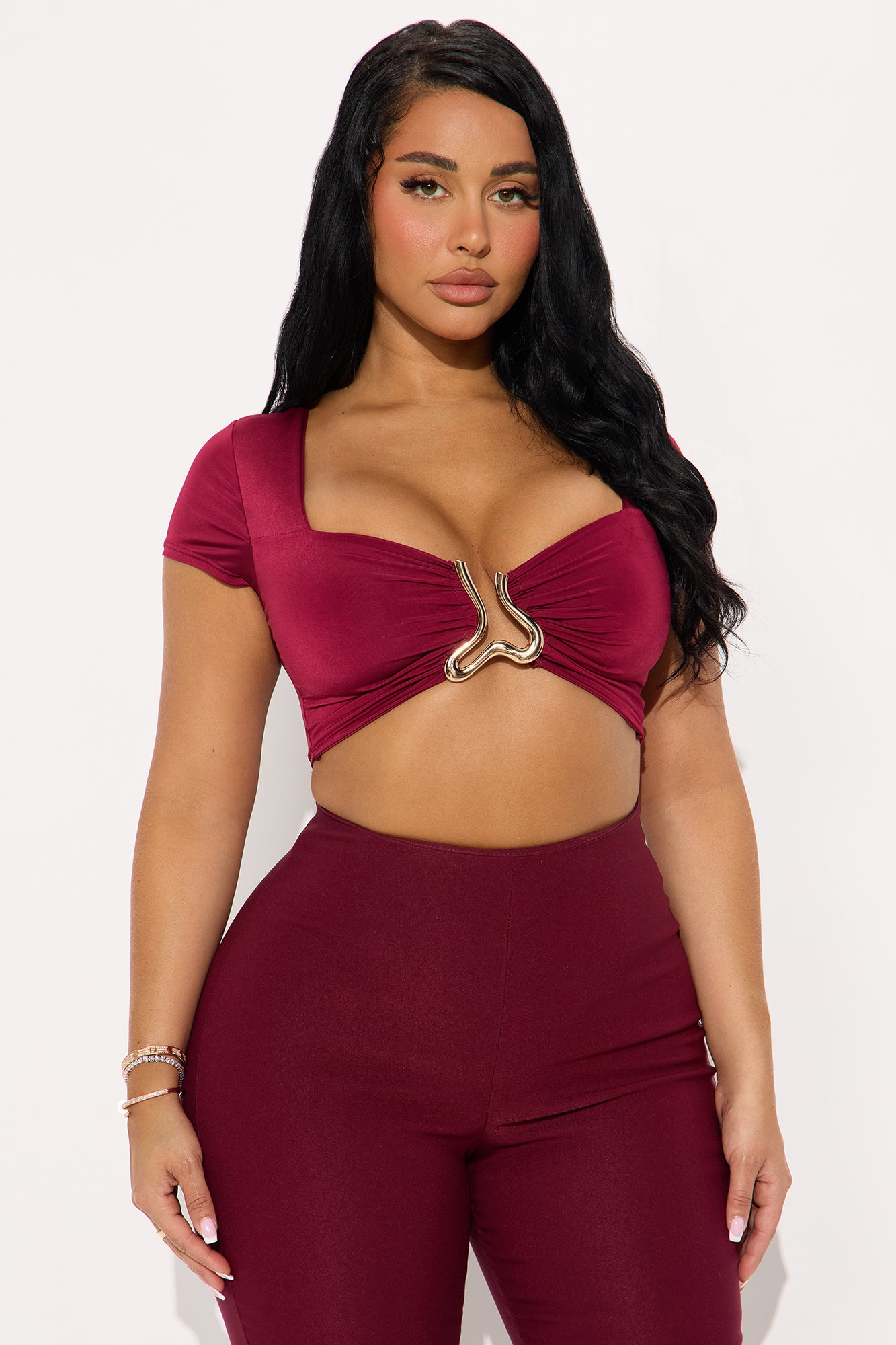 Hot Stuff Ruched Short Sleeve Bra Top - Burgundy