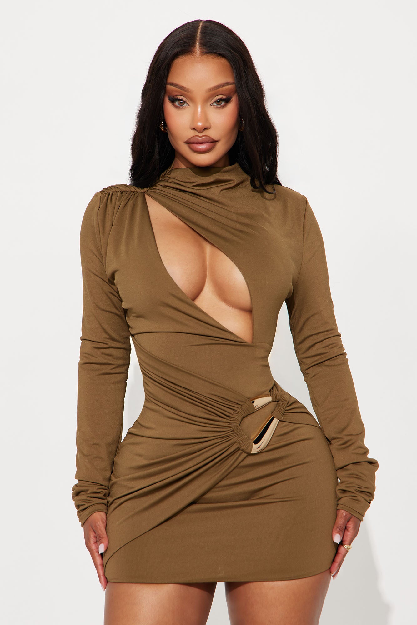Cynthia Cut Out Long Sleeve Mini Dress - Olive