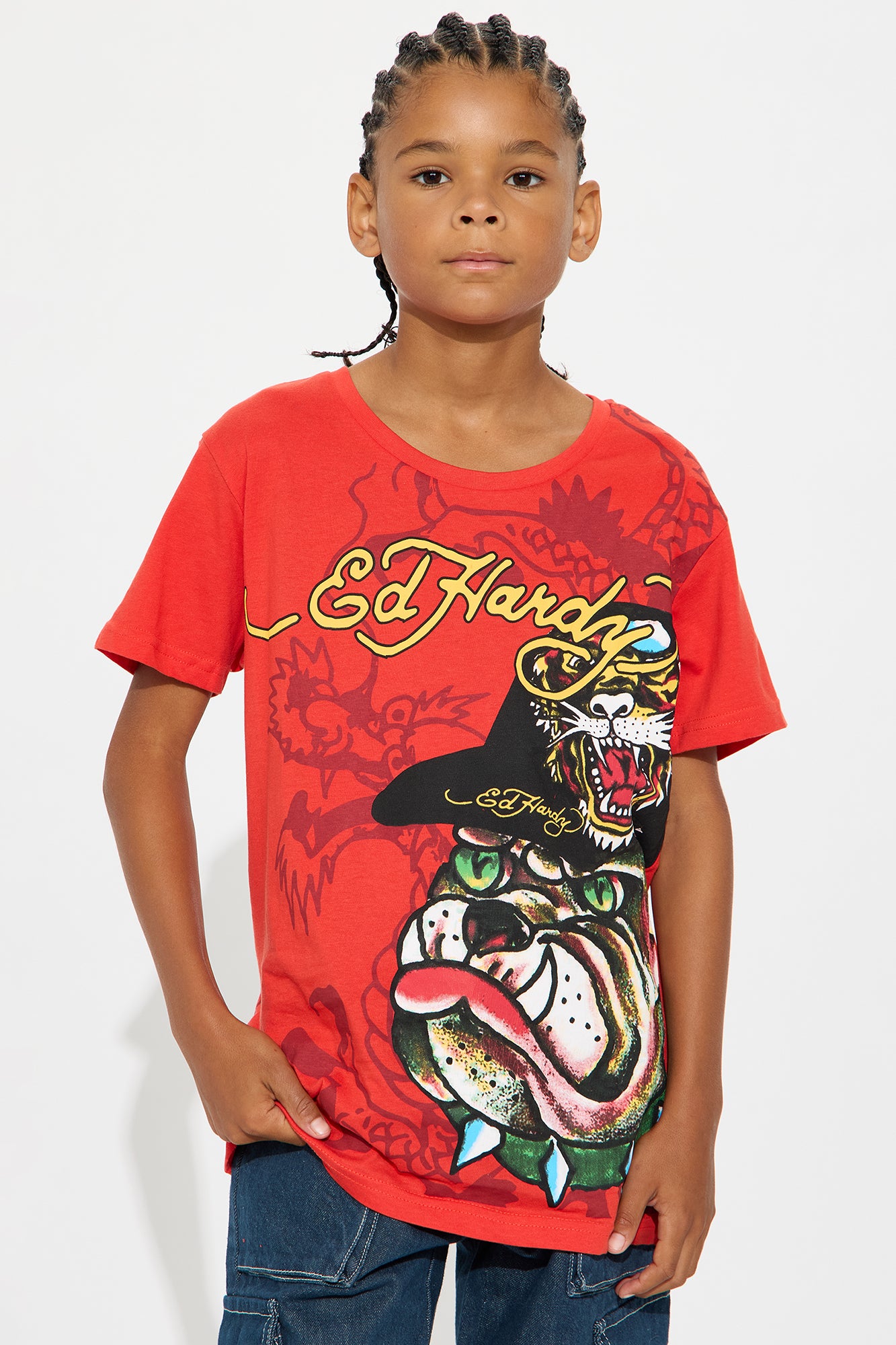 Mini Ed Hardy Be The Bulldog Front/Back Short Sleeve Tee - Red