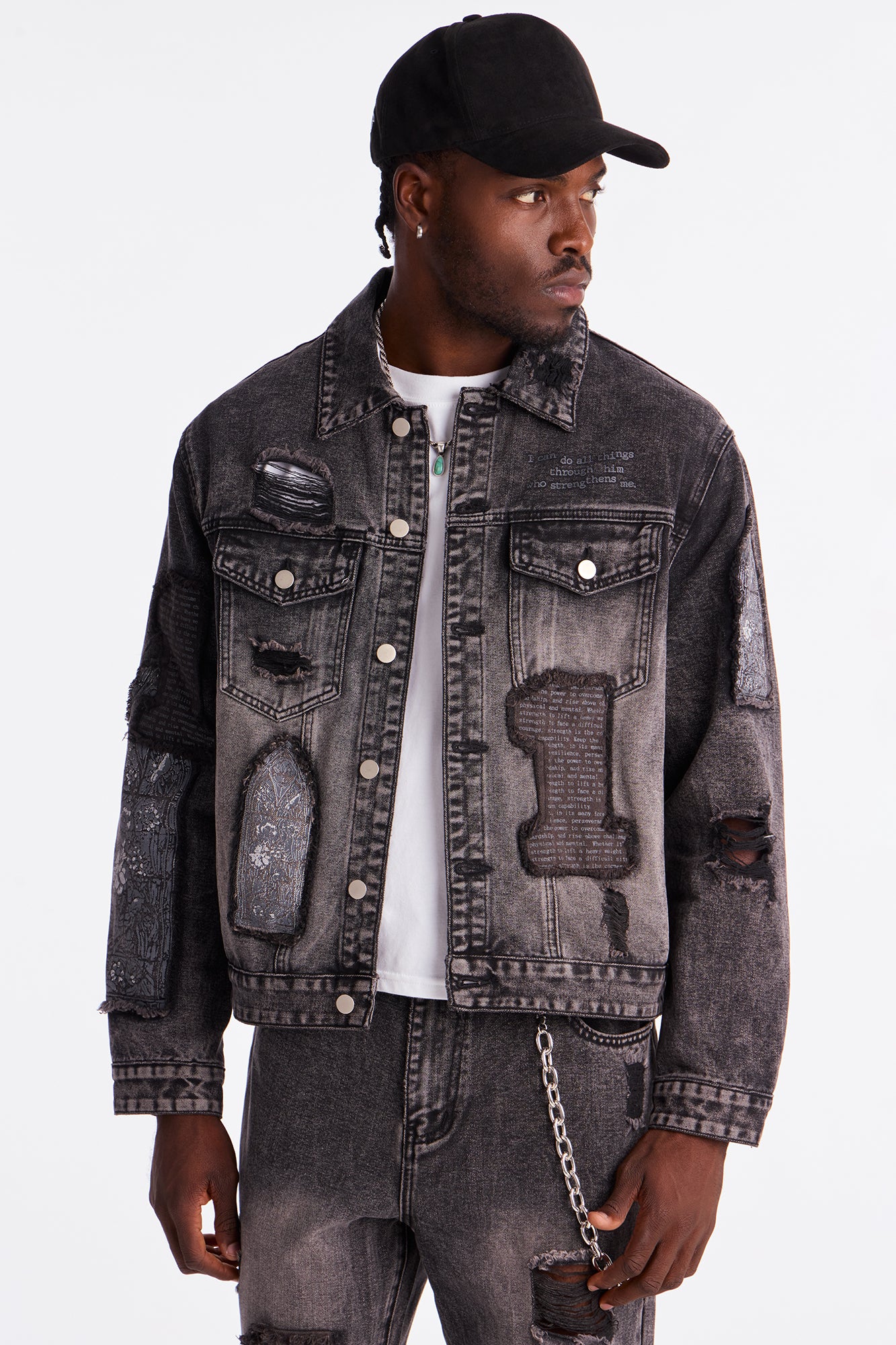In Due Time Patched Distressed Denim Trucker Jacket - Black Wash