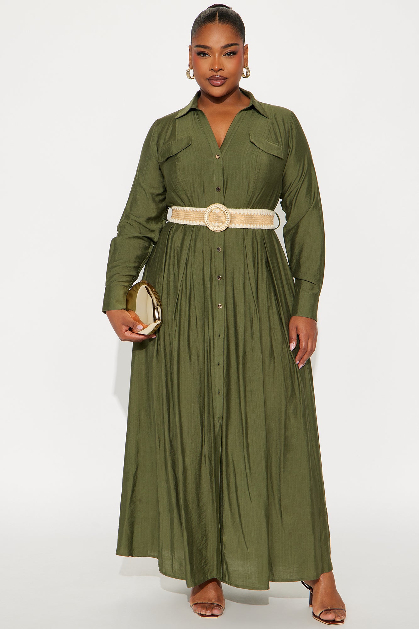 Laurel Linen Long Sleeve Maxi Shirt Dress - Olive