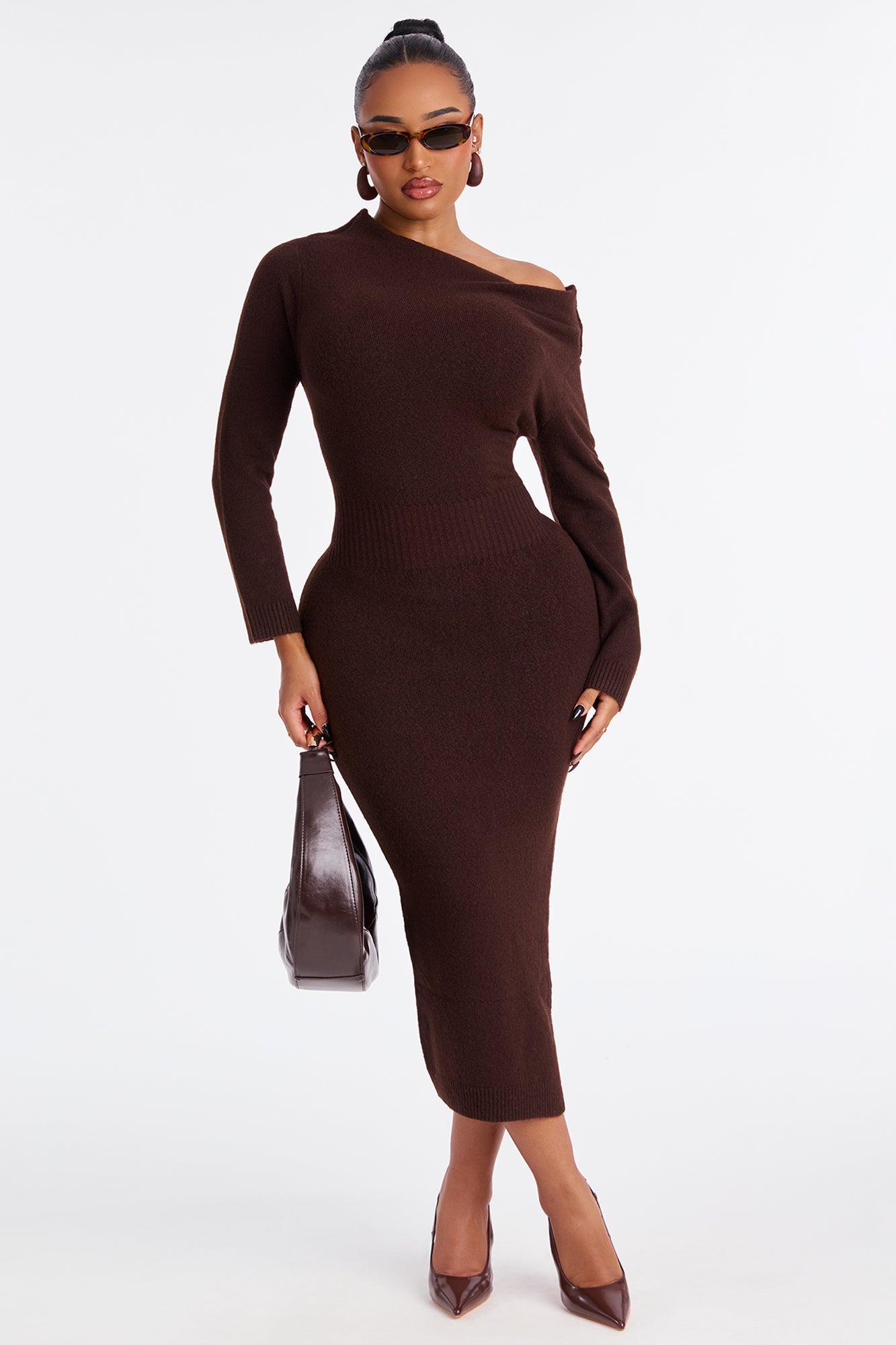 Stevie One Shoulder Sweater Midi Dress - Chocolate