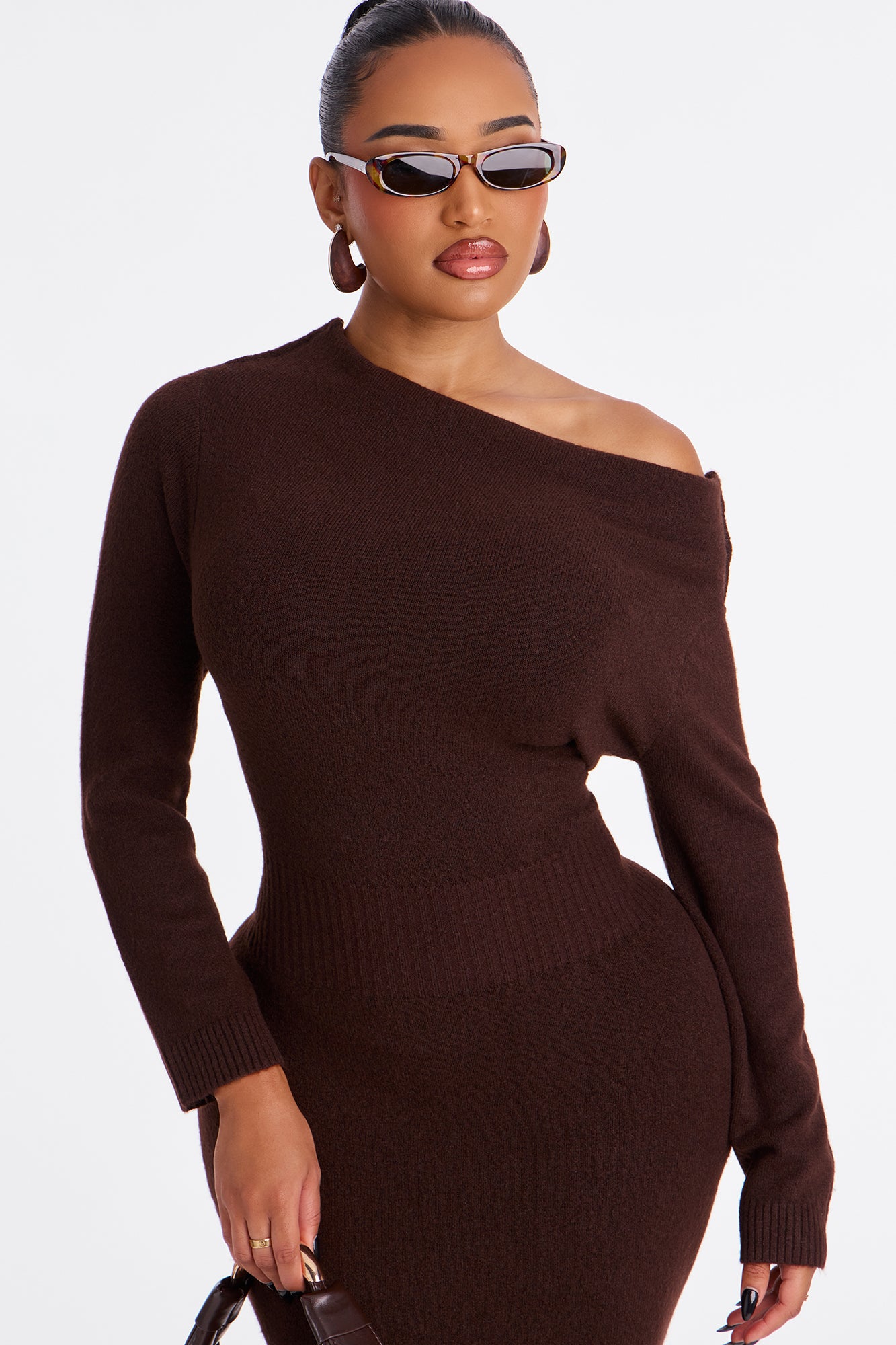 Stevie One Shoulder Sweater Midi Dress - Chocolate