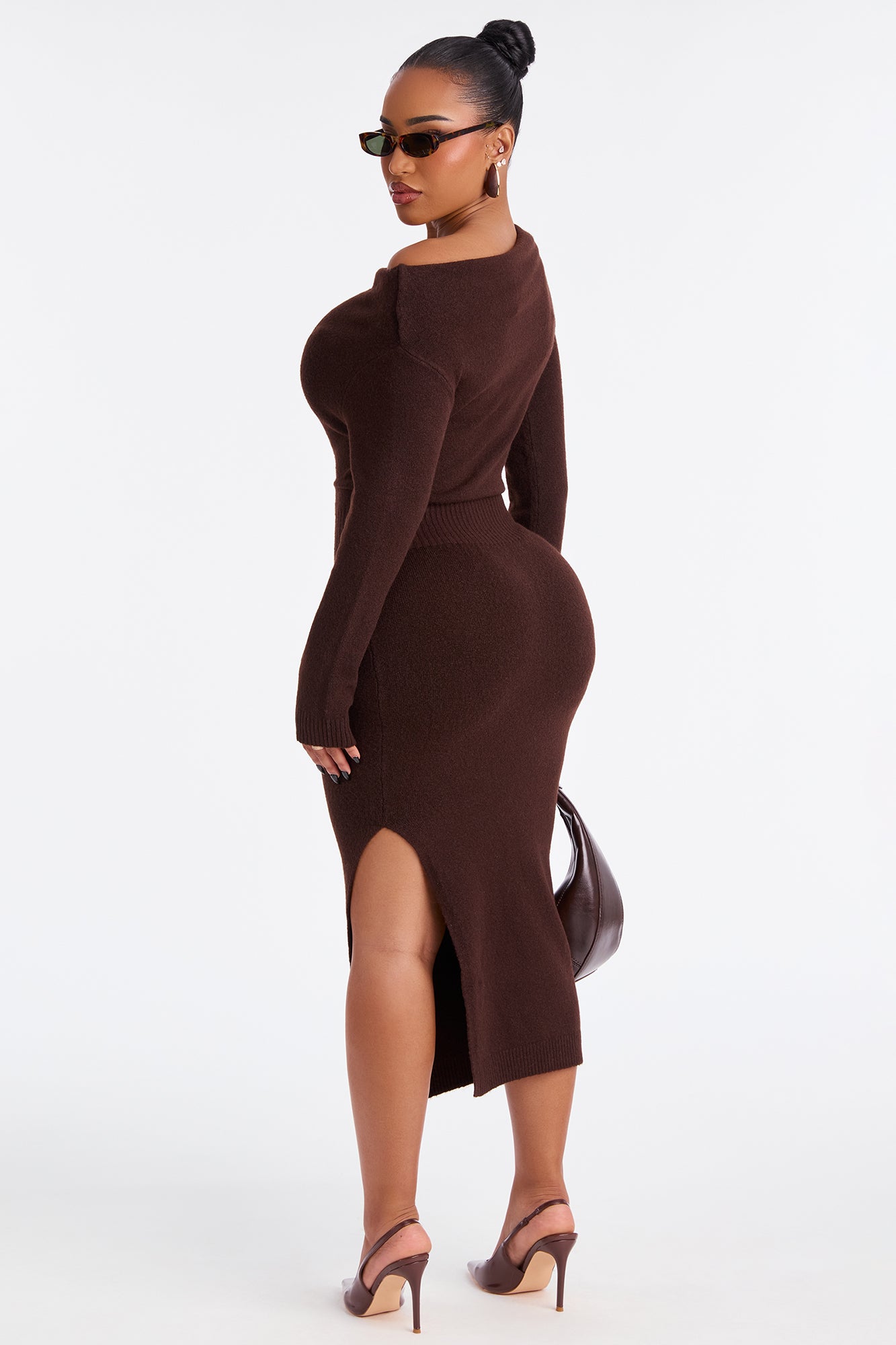 Stevie One Shoulder Sweater Midi Dress - Chocolate