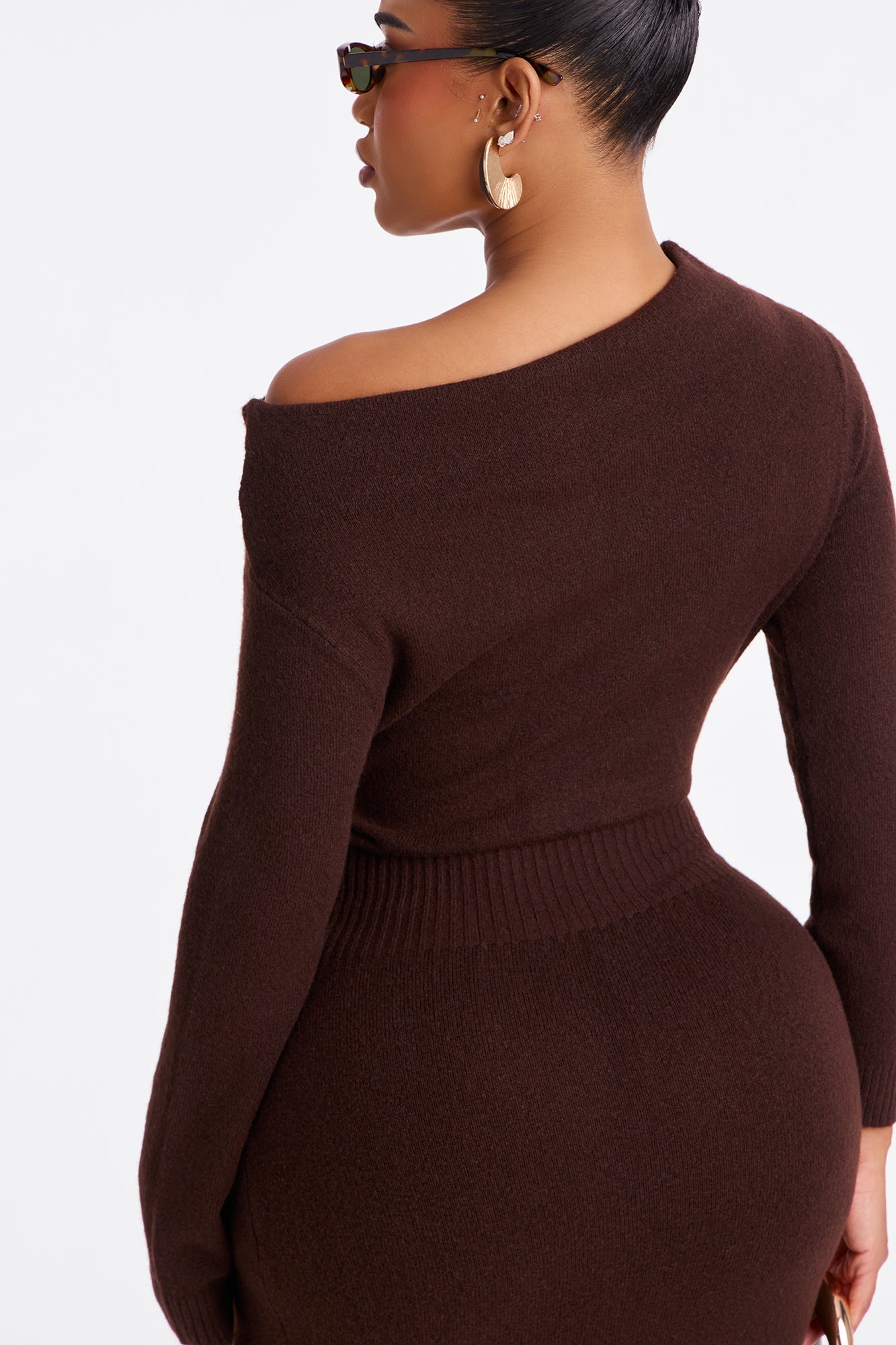 Stevie One Shoulder Sweater Midi Dress - Chocolate