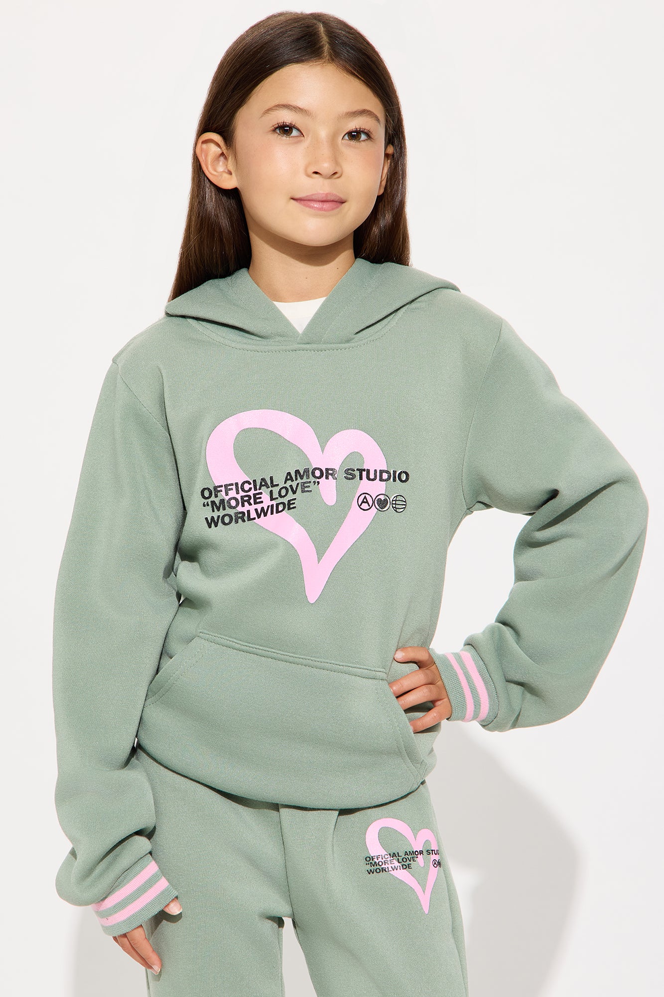 Mini More Love Worldwide Hoodie And Pant Set - Sage