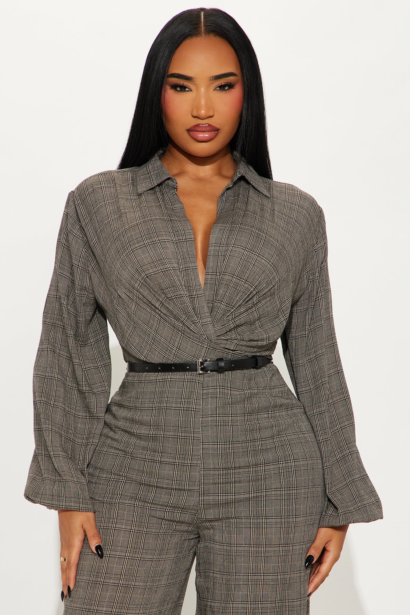 Angela Plaid Belted Jumpsuit - Black/combo