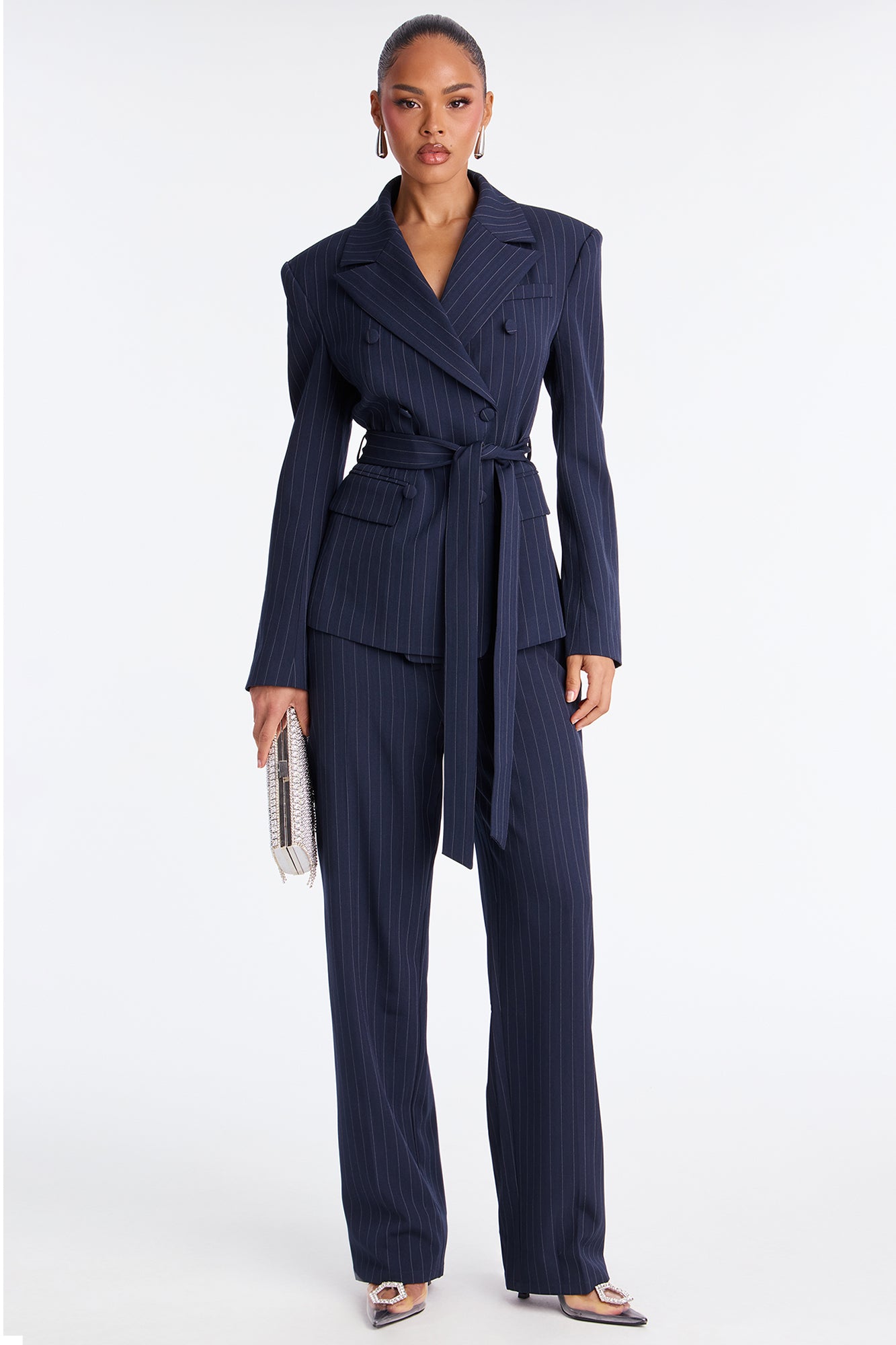 Focus Forward Belted Pinstripe Blazer - Navy/combo