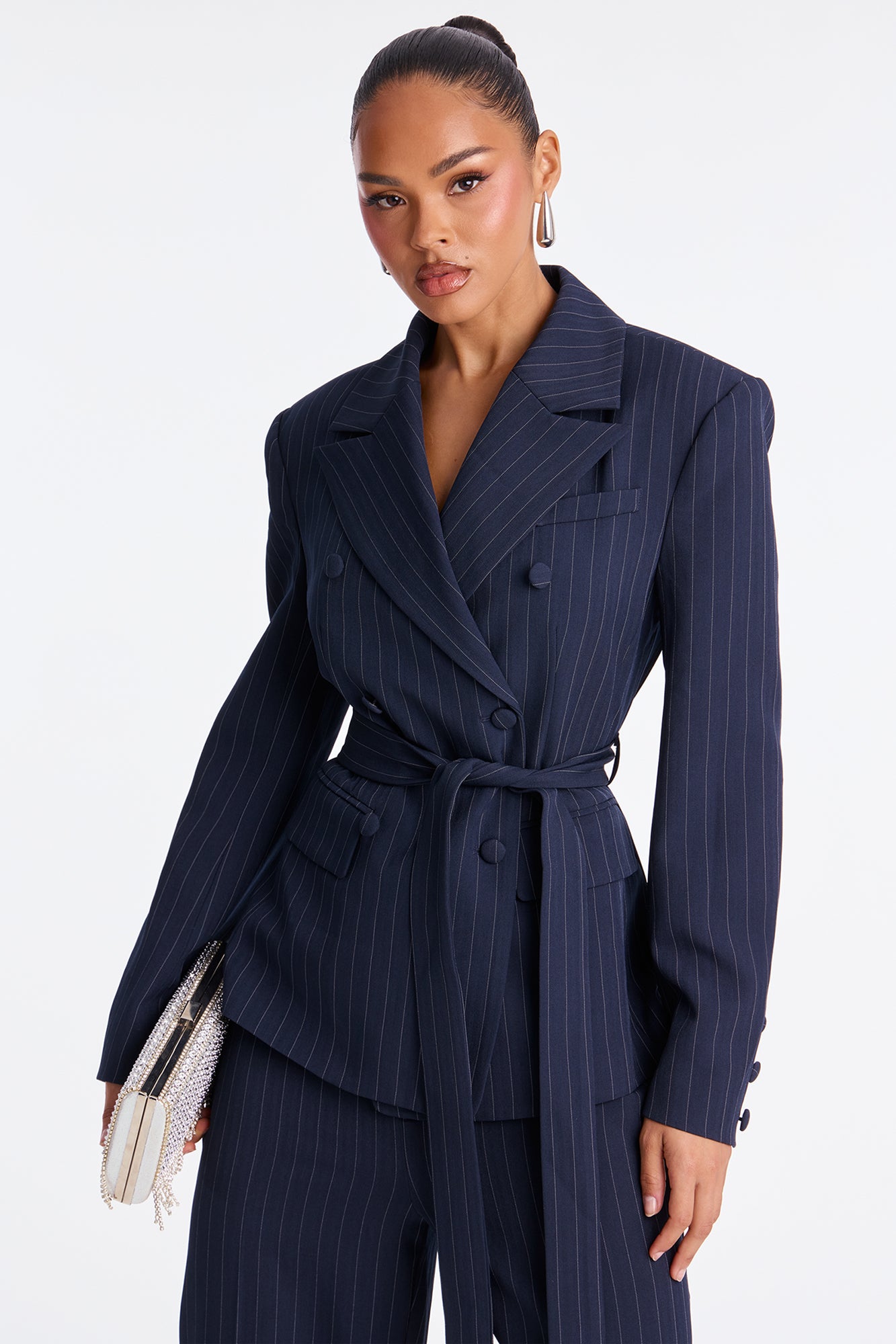 Focus Forward Belted Pinstripe Blazer - Navy/combo