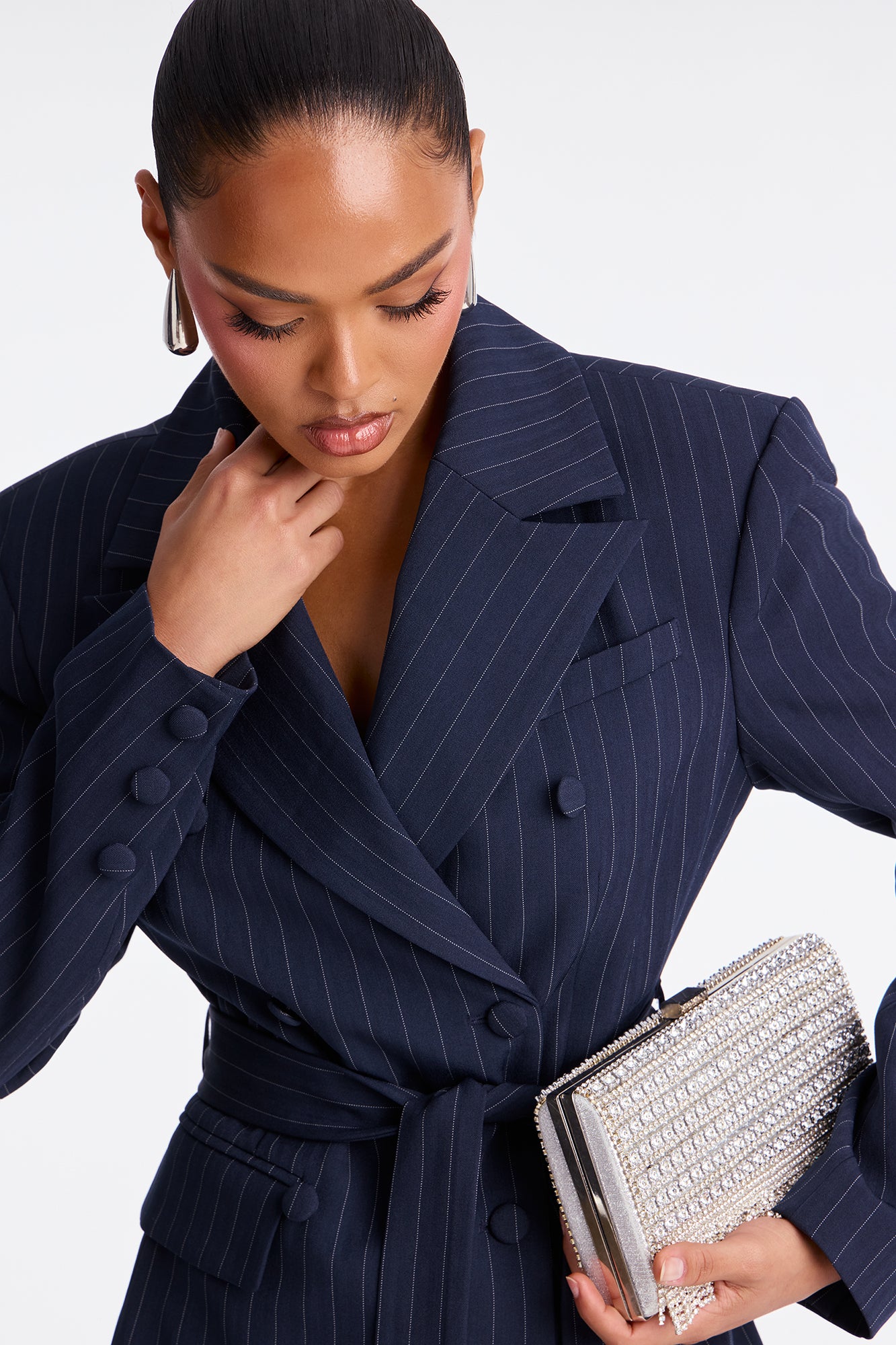 Focus Forward Belted Pinstripe Blazer - Navy/combo