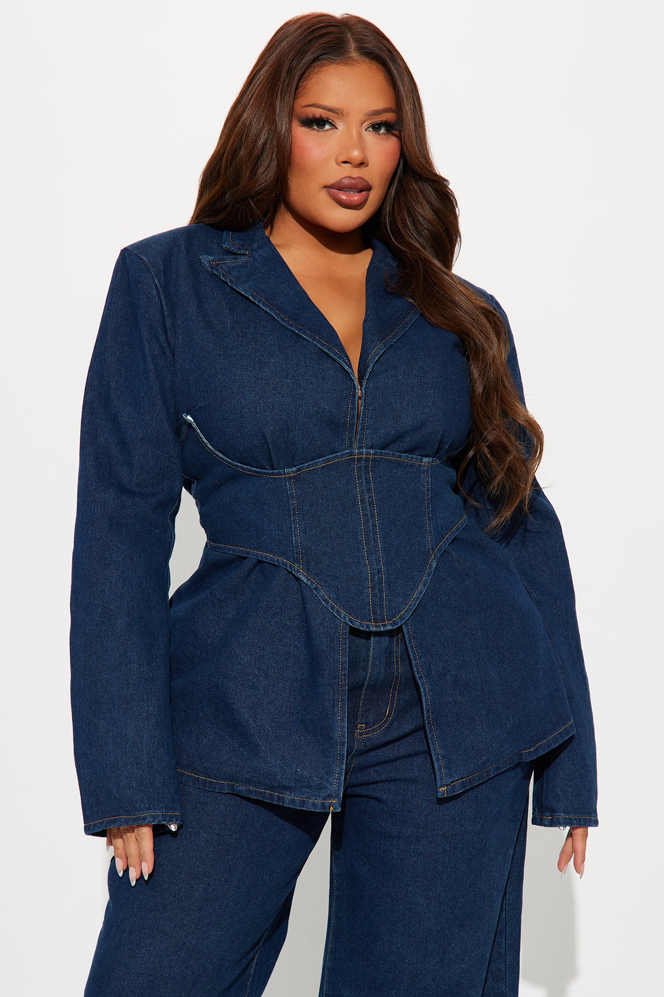 Get Down To Business Corseted Denim Blazer Jacket - Dark Wash