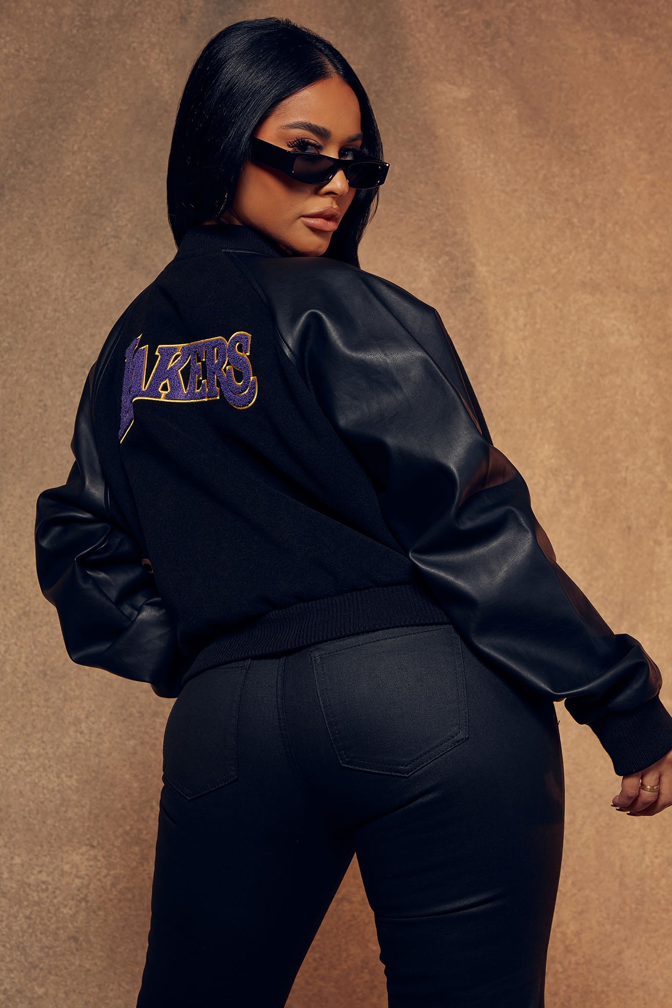 Lakers Cropped Letterman Jacket - Black