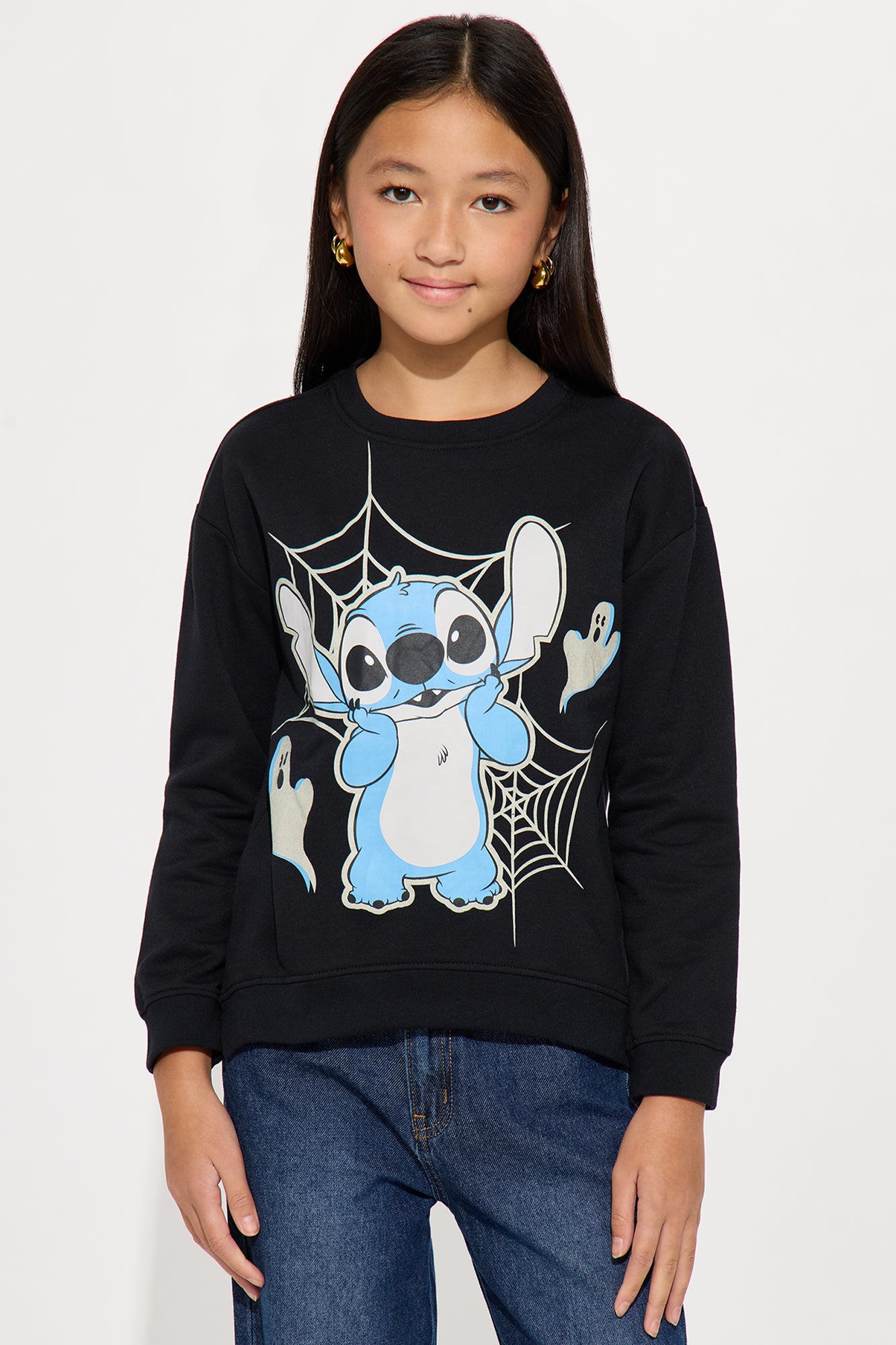 Mini Stitch Halloween Glow In The Dark Crew Neck Sweatshirt - Black