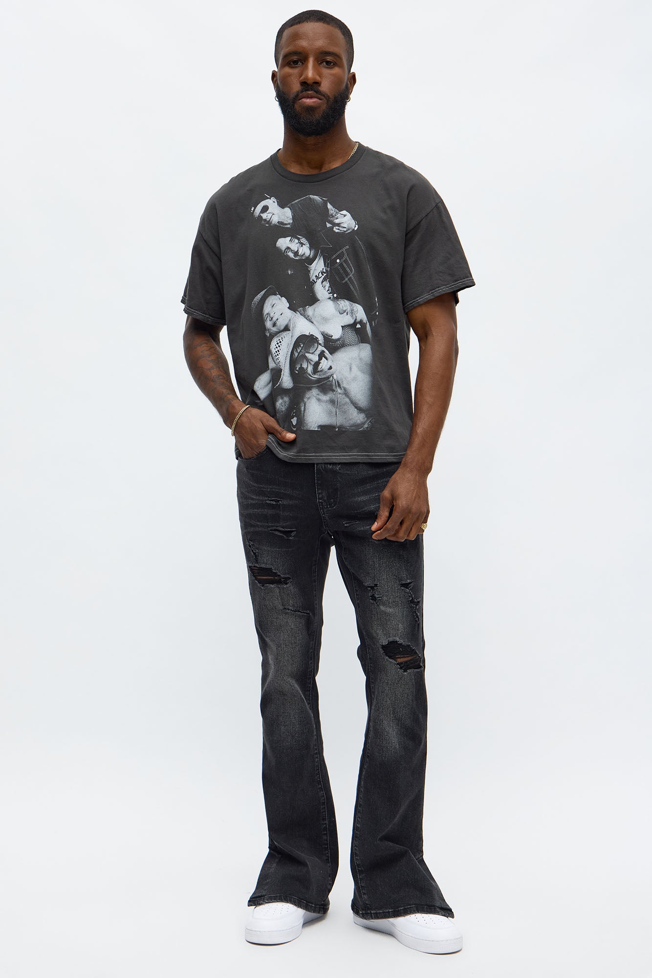 Stacked Skinny Flare Slit Let's Go Distressed Jean - Black Wash