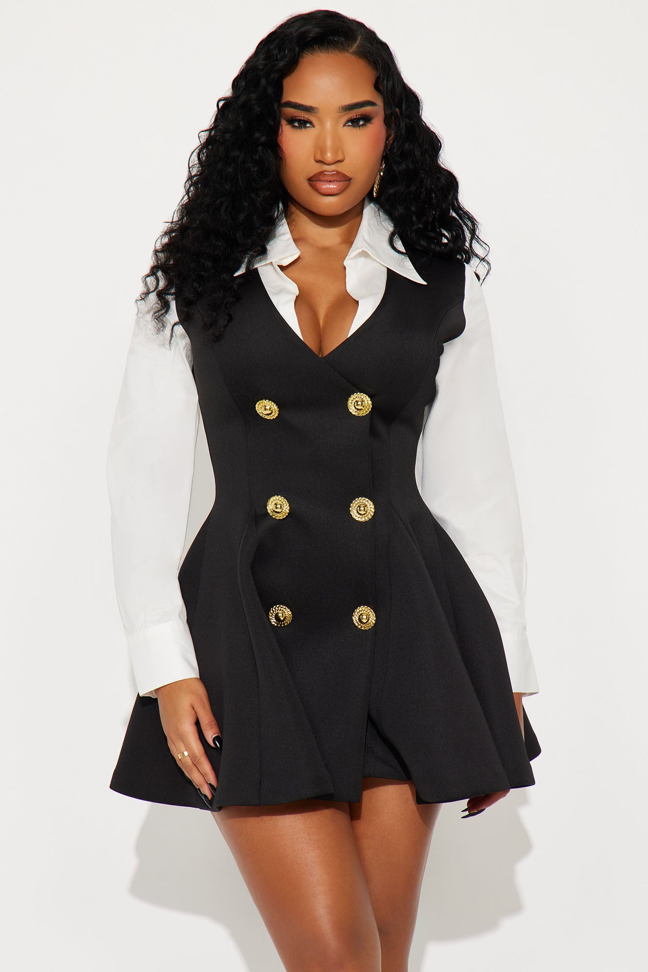 Queen Looks Pleated Long Sleeve Mini Dress - Black