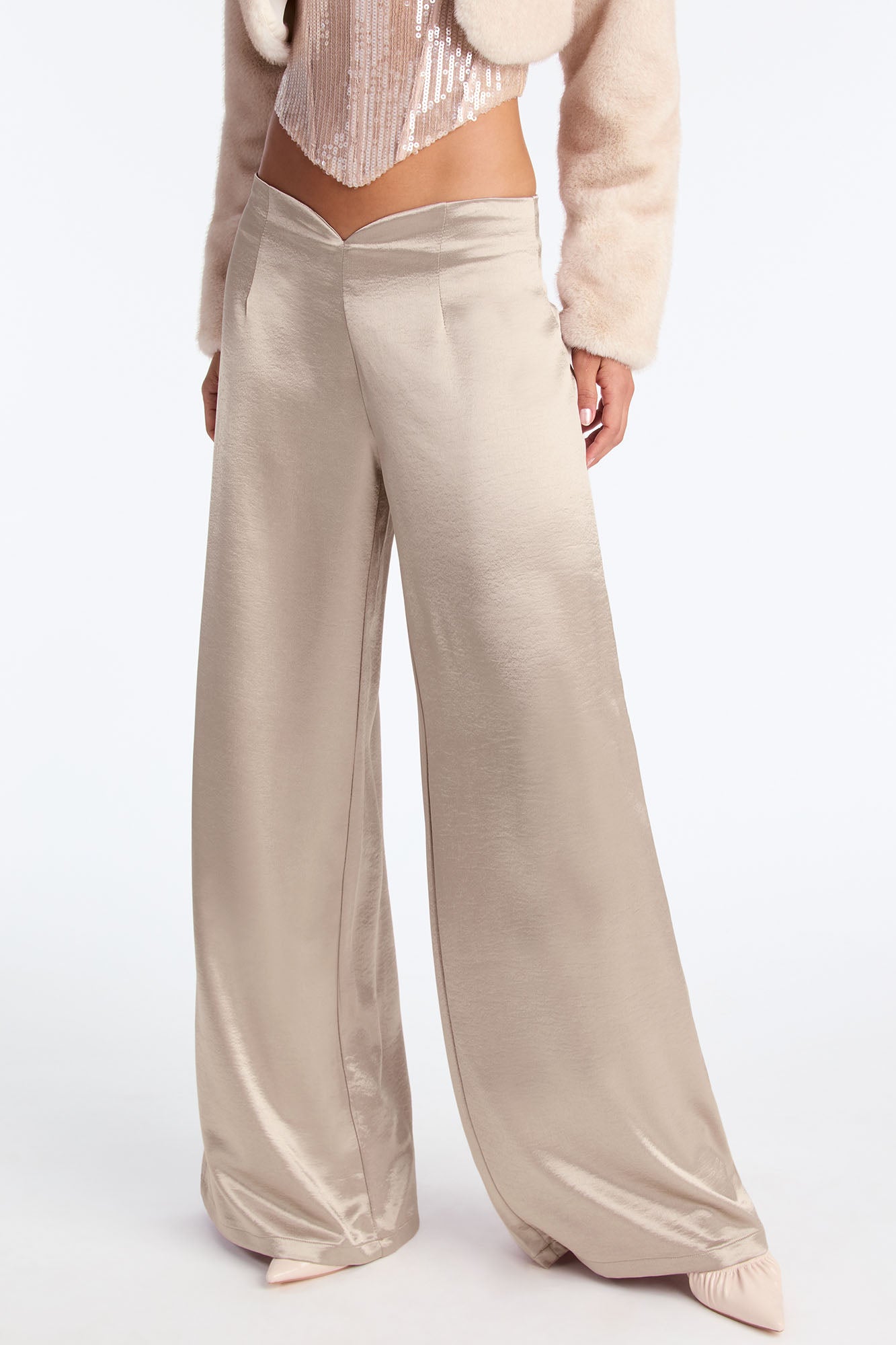 Sweet Serenade Satin Wide Leg V Front Pant 33 - Silver