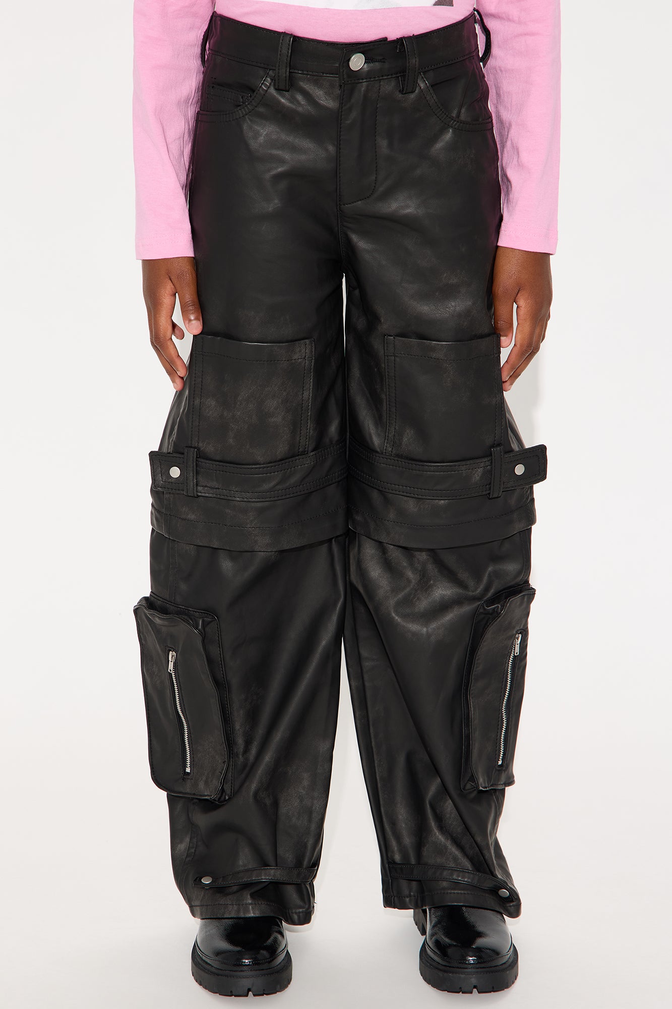 Mini Street Heat Washed Faux Leather Cargo Pant - Black