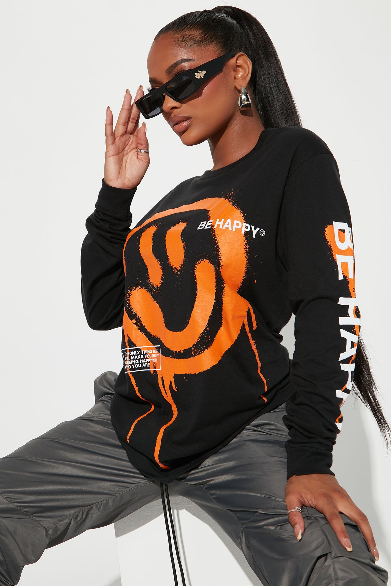 Be Nice Smiley Face Long Sleeve Tee - Black