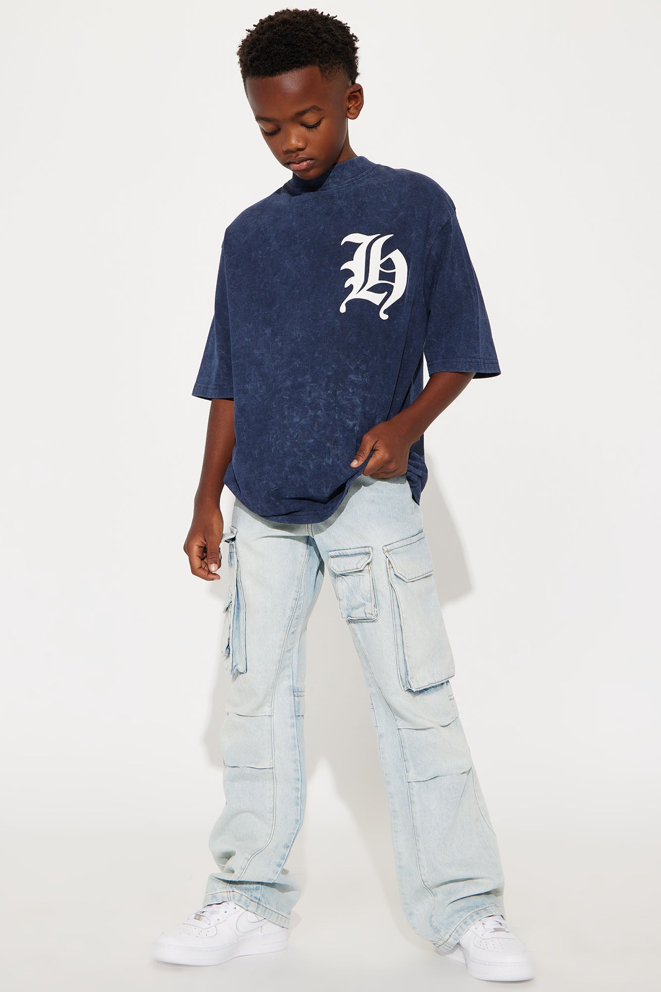 Mini Old English Hustle Front/Back Short Sleeve Tee - Navy