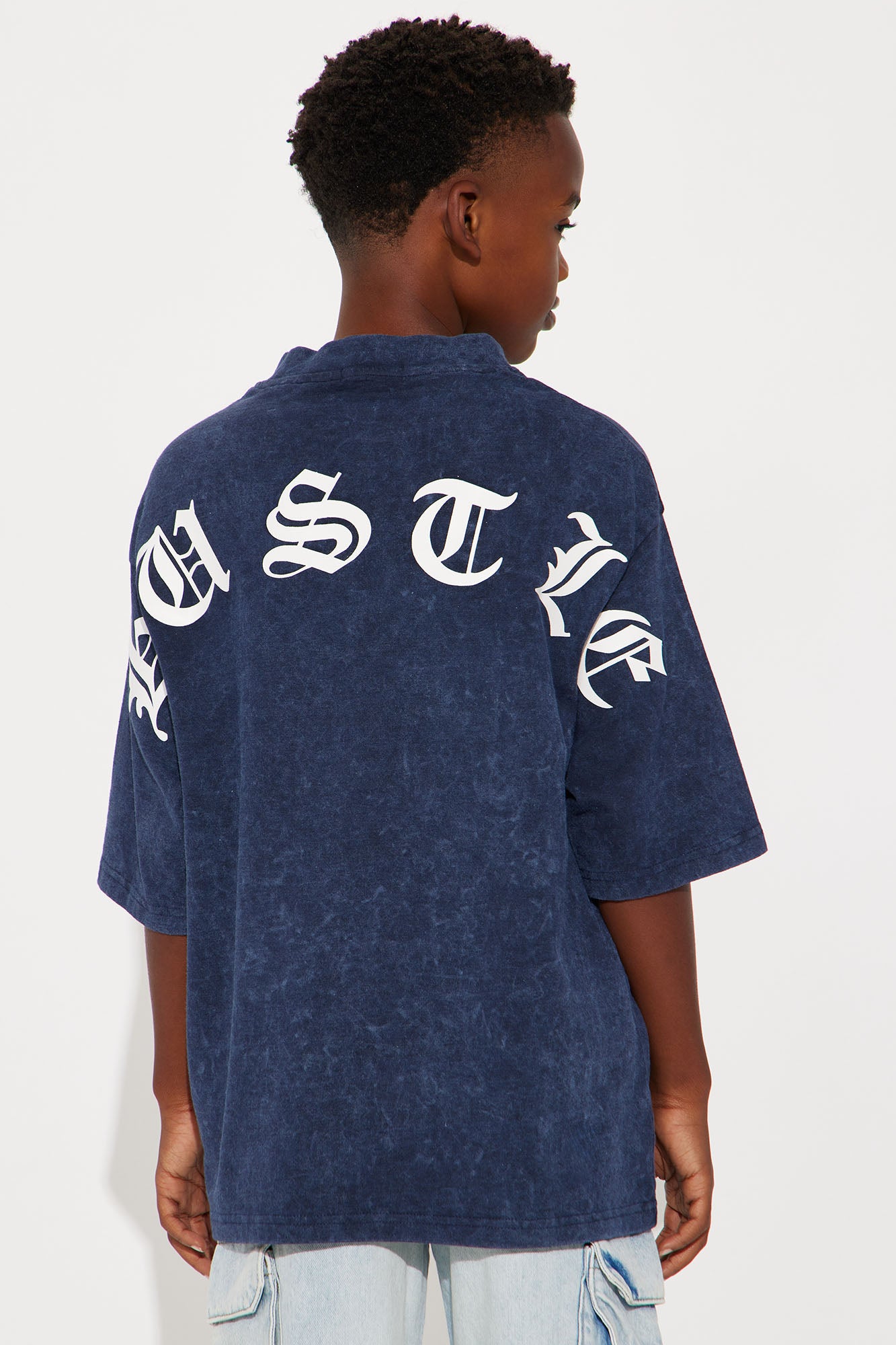 Mini Old English Hustle Front/Back Short Sleeve Tee - Navy