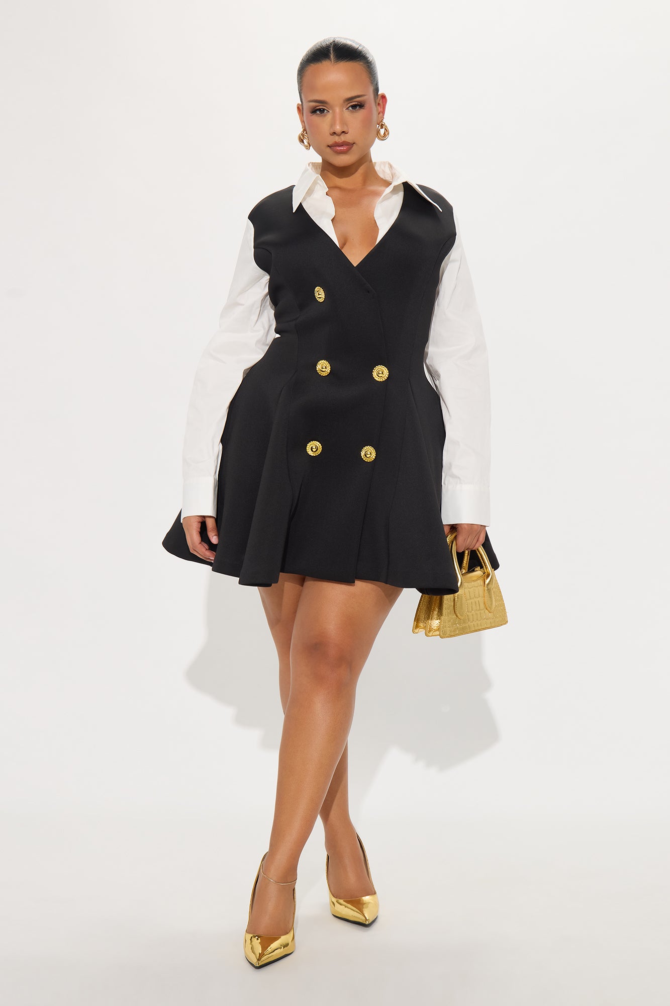 Queen Looks Pleated Long Sleeve Mini Dress - Black